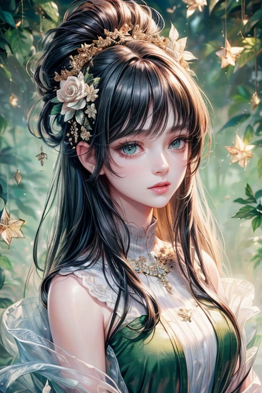 (highest quality,8k,CG,Upper body details, girl,Floral Dress,Forest Background,Detailed facial features,Elegant long black hair,Almond green eyes,Detailed eye makeup,Long, fluttering eyelashes,Wink,tWinkling stars,Intricate lip detail,Soft and harmonious style)