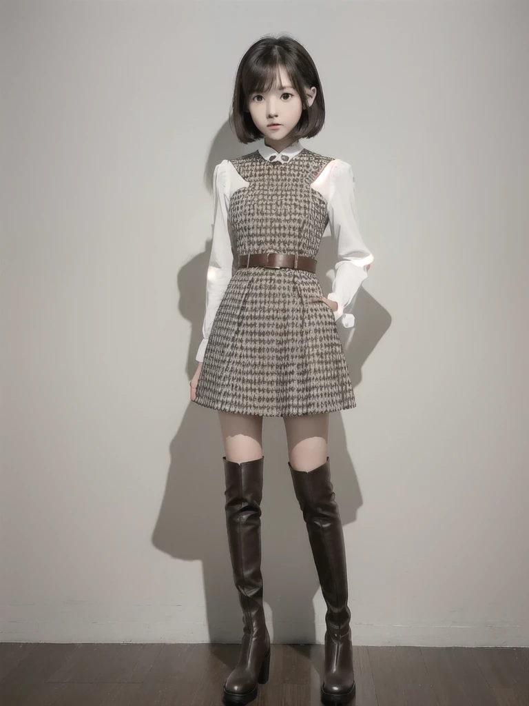 1girl、Standing in front of the viewer、Masterpiece、Official Art、high waist、Brown and dark brown houndstooth A-line dress、Sharp piping at transitions and edges、Super detailed、super beautiful、white straight short hair、Knee-high boots、