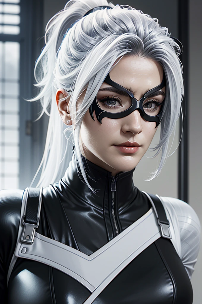 ((ultra detailed, masterpiece, absurdres))
 SpiderBlackCat, Minka Kelly, white hair, long hair,mask,portrait