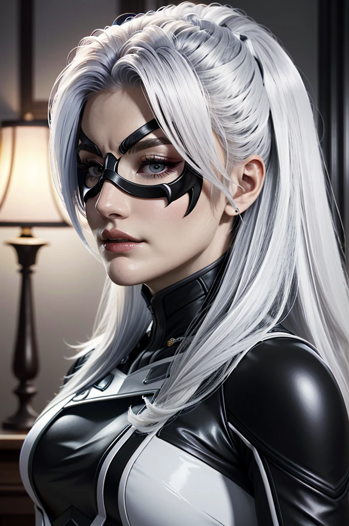 ((ultra detailed, masterpiece, absurdres))
 SpiderBlackCat, Minka Kelly, white hair, long hair,mask,portrait