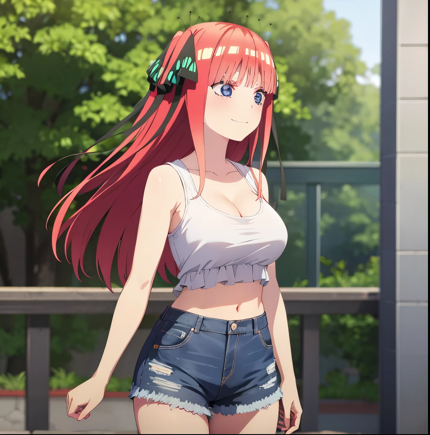 1girl, alone, Nino nakano,2d, masterpiece, best quality, anime, highly detailed, 1girl, solo, cowboy shot, nakano nino, pink hair, butterfly hair ornament, crop top , cleavage, Denim shorts , medium breasts, standing, school, outdoors, smile, perfect hands, perfect anatomy 