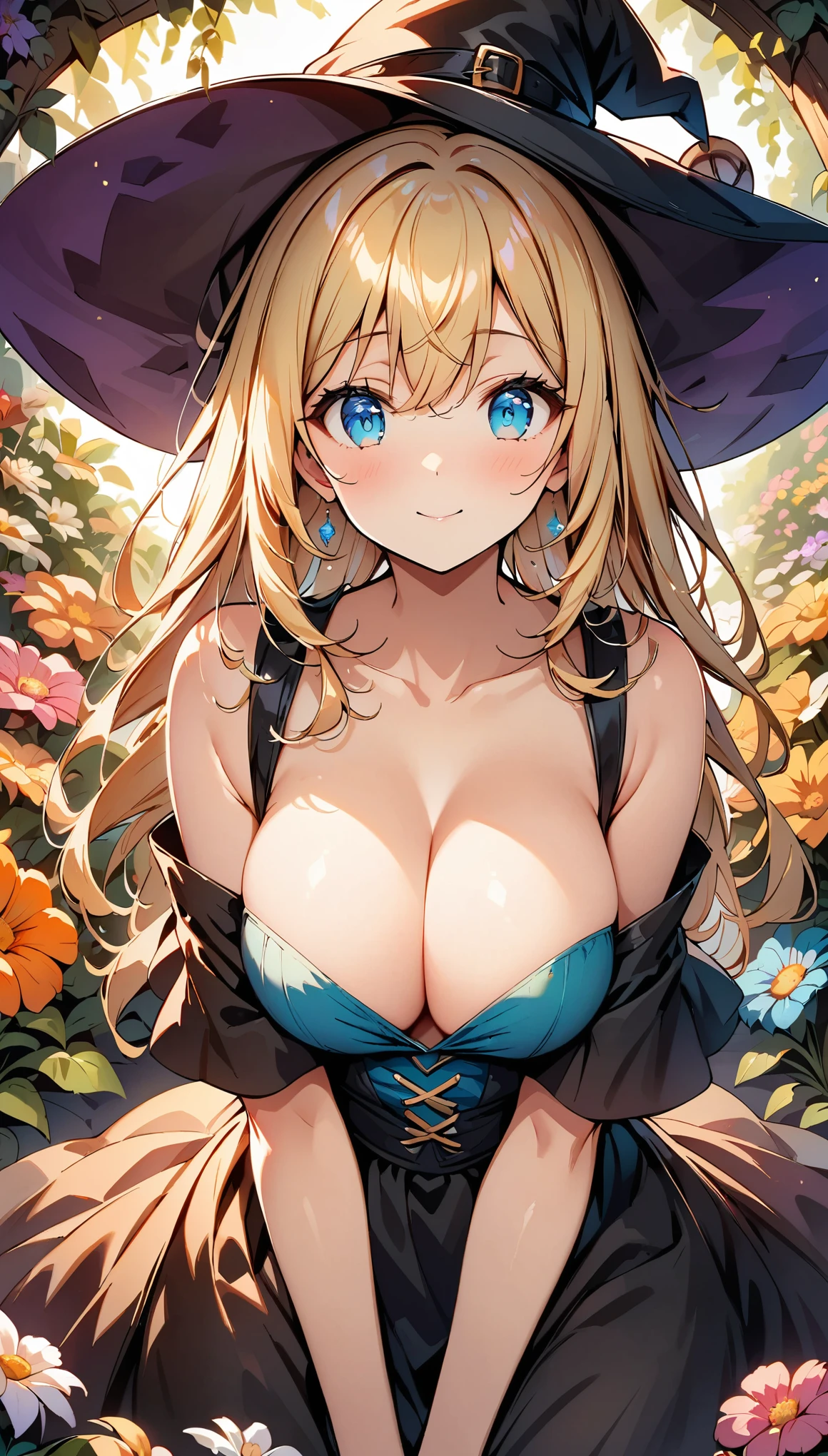 (highest quality:1.2, Comic Artwork, Comic book style, Very detailed, up to date, Vibrant, digital coloring, High Contrast, masterpiece:1.2, Best Quality, Best aesthetics, aya), alone, Flowers fluttering, フレームいっぱいにFlowers fluttering, (((young woman, Sexy witch))), (Round eyes), (Small face), (Skin with attention to detail:1.2), clavicle, Cute face, Beautiful Face, Long eyelashes, (blonde, blue eyes), ((Has cleavage: 1.2)), (Beautiful breasts:1.5), surrounding flowers, Witch Dress, Witch Hat, Light effects, Flower Garden.