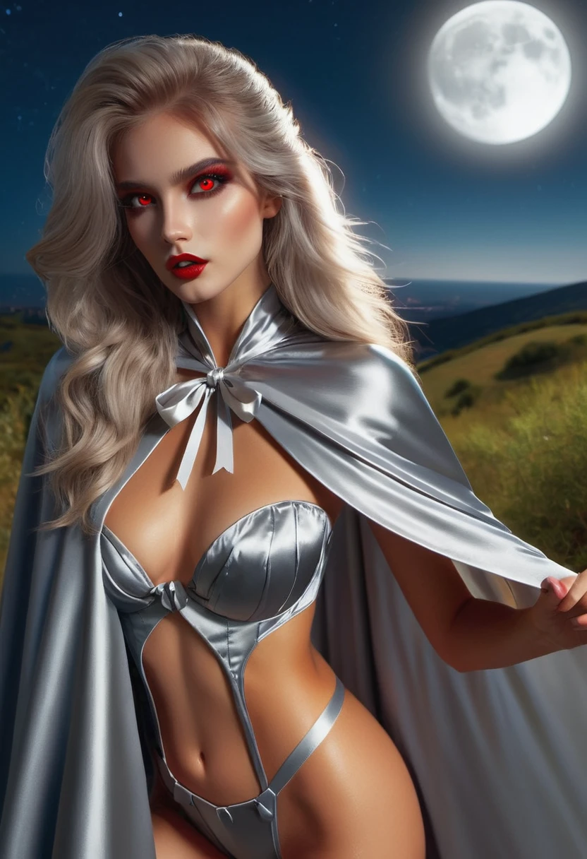 Vampyfangs(RAW Photo) , (highly detailed:1.20) , ultra realistic :1.10) ,sexy girl in her 20s , (perfect face:1.20) , (detailed red eyes:1.20) , with long silver hair in ponytail , (((long silver satin cape tied at the neck with a ribbon :1.20))) , naked  , full body, standing on windy hilltop at night , full moon , high-quality ultra realistic style, detailed eyes, professional, expressive , 8K , highly detailed , professional,