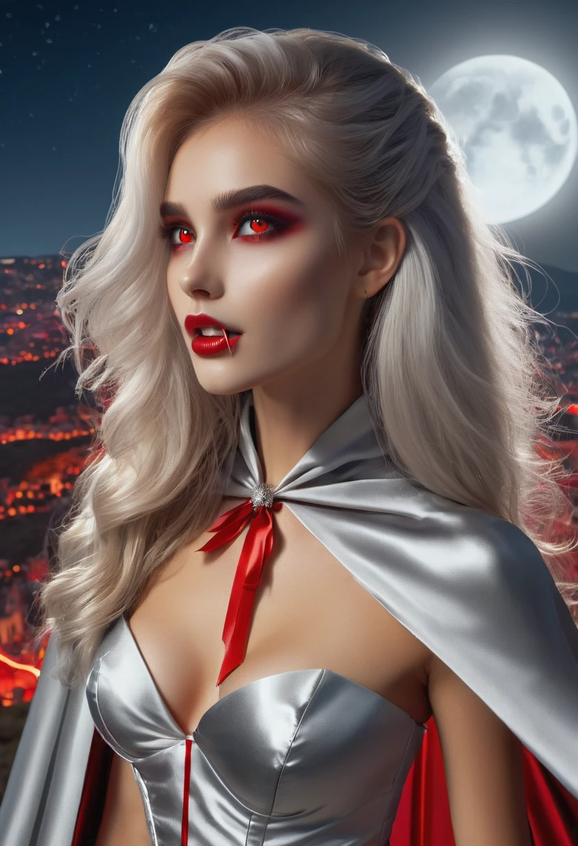 Vampyfangs(RAW Photo) , (highly detailed:1.20) , ultra realistic :1.10) ,sexy girl in her 20s , (perfect face:1.20) , (detailed red eyes:1.20) , with long silver hair in ponytail , (((long silver satin cape tied at the neck with a ribbon :1.20))) , naked  , full body, standing on windy hilltop at night , full moon , high-quality ultra realistic style, detailed eyes, professional, expressive , 8K , highly detailed , professional,