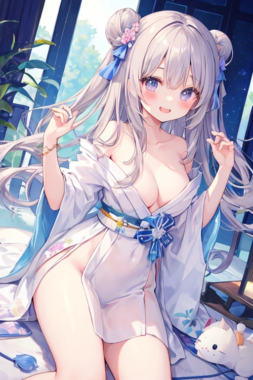 Beautiful illustrations, highest quality, pretty girl,beautiful girl、clear face、 Half-Japanese girl、pastel colour 、blush、Perfect hands、Thighs、(Perfect Face:1.1), smile、naked、全naked