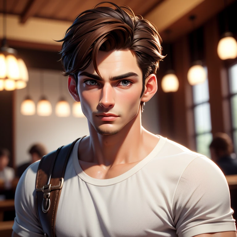 masterpiece, best quality,3d rending work ,3DMM style,close-up,portrait, 3D,male,20 year old, handsome, mature, perfect face, perfect eyes, sculpted jaw, brown hair, short hair, bare forehead, shining brown eyas, masculine, manly, cool, messy, rough, wearing white tshirt,in coffe shop, simple background,extremely detailed, one picture, ultra detailed,best quality,