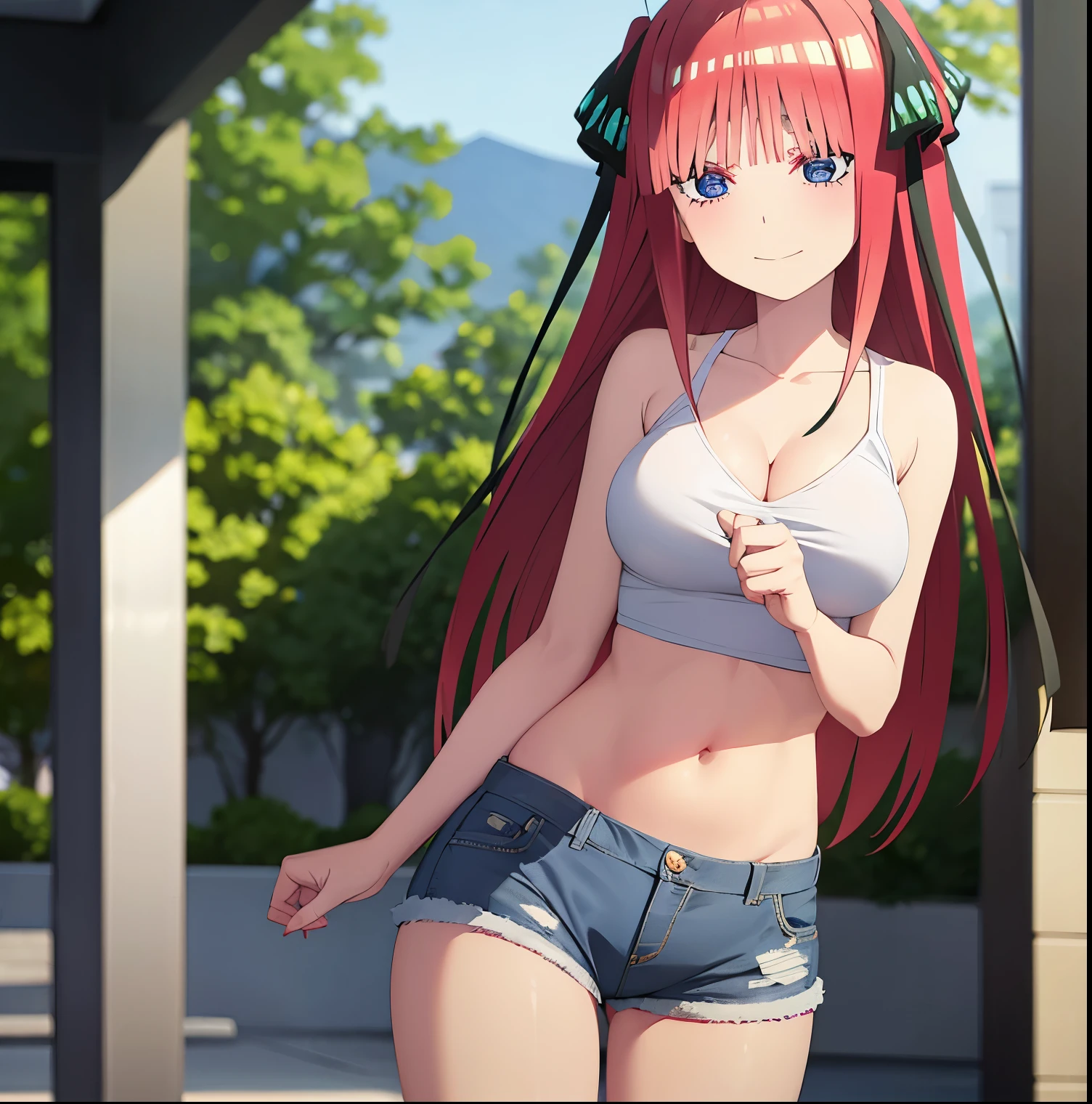 2d, masterpiece, best quality, anime, highly detailed, 1girl, solo, cowboy shot, nakano nino, pink hair, butterfly hair ornament, crop top , cleavage, Denim shorts , medium breasts, standing, school, outdoors, smile