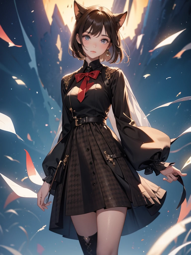 1girl、Standing in front of the viewer、Masterpiece、Official Art、high waist、Brown and dark brown houndstooth A-line dress、Sharp piping at transitions and edges、Super detailed、super beautiful、white straight short hair、Knee-high boots、