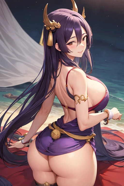 masterpiece, best quality, beautiful art, high resolution, well formed hands, body and fingers, 1 woman, solo, Minamoto no raikou, adult, hair ornament, big breasted, cleavage full body, long hair, blue_kunoichi_dress, sleeveless, white stockings, gorgeous legs and thighs, dancing seductively and erotically, turning backwards and forwards, showing her back and front, showing her butt, t-back, tsmiling joyfully, looking at the viewer, flirting, beach environment 