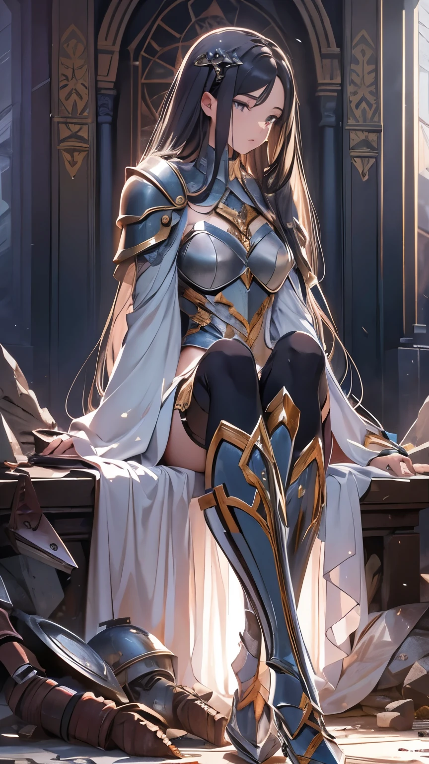 A girl, wearing a simple armor, shattered, armor is broken, simple broken sword, she is kneeling on the floor, she is sad and hurt, missing parts of the armor, armor is ultra shattered, tears, ultra long hair, Long eyelashes, ultra detailed face, glowing lips, glowing eyes, campfield