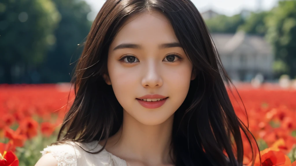 (Realistic: 1.4), (highest quality: 1.4), (Fine grain), Full body shot, ((Blur the background)), ((Watching the audience)), ((1 female college student)), Black wavy hair, ((Plain clothes with little exposure)), Wide eyes, Blushed face, ((smile)), ((Poppy Field)), Highly detailed face and skin texture, Healthy Skin, 8k resolution