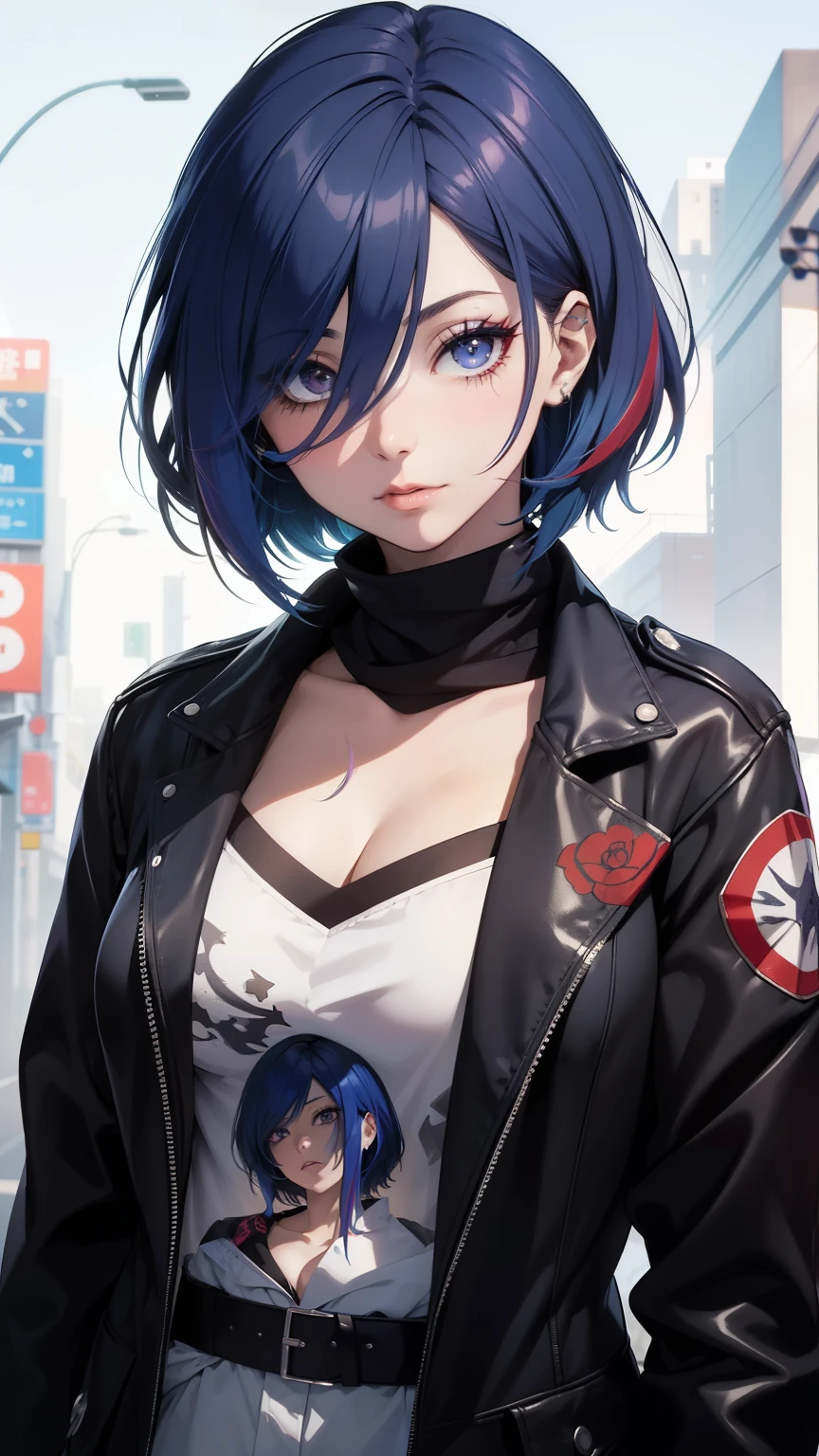 Obra-prima,Detalhado,High resolutions:1.4) , Foto del modelo, fechar, Rosto detalhado, Olhos finos e detalhados,, (Kirishima Touka),medium blue hair,ojo ghoul,retro jacket,Tokyo Ghoul,Fundo retrofuturista, cores vibrantes, hdr,, ,