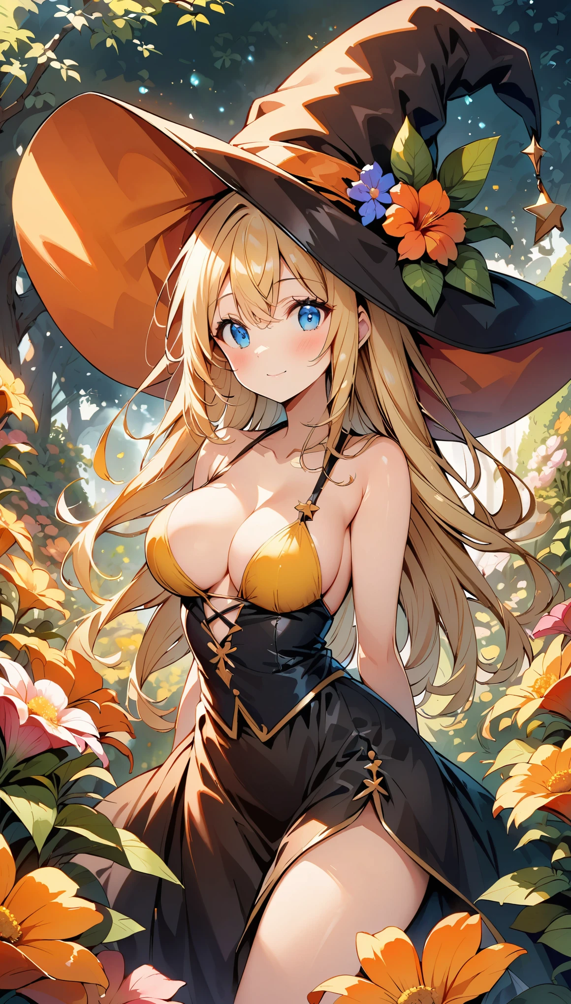 (highest quality:1.2, Comic Artwork, Comic book style, Very detailed, up to date, Vibrant, digital coloring, High Contrast, masterpiece:1.2, Best Quality, Best aesthetics, aya), alone, Flowers fluttering, フレームいっぱいにFlowers fluttering, (((young woman, Cute Witch))), (Round eyes), (Small face), (Skin with attention to detail:1.2), clavicle, Cute face, Beautiful Face, Long eyelashes, (blonde, blue eyes), (Beautiful breasts:1.5), surrounding flowers, Witch Dress, Witch Hat, Light effects, Flower Garden.