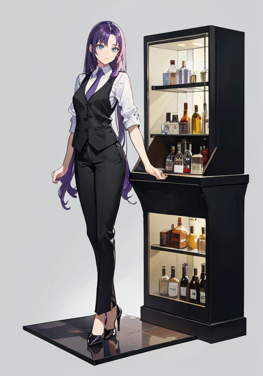 ((Perfect Face)),Purple Hair,Long Hair,1 female,bartender,suit,Black vest,Shirt with rolled up sleeves,tie,slit,High heels,Stand with your feet shoulder-width apart,Beautiful posture,Hall々Stand with,,((Simple Background)),smile,((whole body)),((Full Body)),((full body)),Portraiture,virtual,upright,,((Both arms are down)),Standing upright with face and body facing forward,