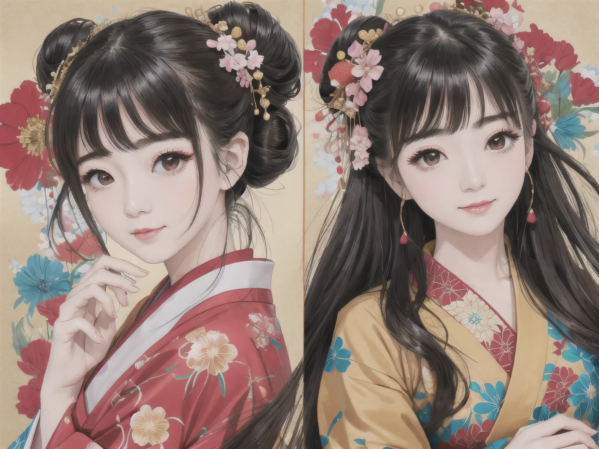 Each has a different expression2People and sisters、(2 girls)、⦅Dancing traditional arts with grace)、((Big Breasts、Small Face、Not exposed))、highest quality、masterpiece、(Black Hair、Bun Hair)、Brown Eyes、⦅Wide angle、Angle from above the waist、Pause on the magazine cover、Each person has a different perspective when looking into the distance⦆、(8K high quality、masterpiece、High resolution、Realistic and beautiful light and shadow、(highest quality)、(High Resolution)、(Very delicate and beautiful)、(Beautiful 8k face)、(Smiling and closing your eyes、Beautiful eyes)、(Clear skin)、(Soft hair)、(8Head to Body)、(A Japanese style yukata kimono with red, pink and orange floral patterns on a white background, interspersed with gold powder、Wearing a yukata2Beautiful Japanese girls)、((Tanabata decoration background))、((Small Face))、(arms up)、Thin and small nose、(Red lipstick)、(Make your cheeks red)、(Glossy skin)、((Ink painting style))、Very thin eyebrows、Overall ultra-high image quality、(She is wearing maiko-style makeup.)、Whitening、Long and beautiful eyelashes、Glowing Skin、(Red cheeks),Straight nose、masterpiece、highest quality、whole body、 Eyebrows visible through hair、Bun Hair、Grin、Gal、Kogal、Viewer's Eyes、Plaid、Stylish、woman、fine、Pause、
Waiting to start