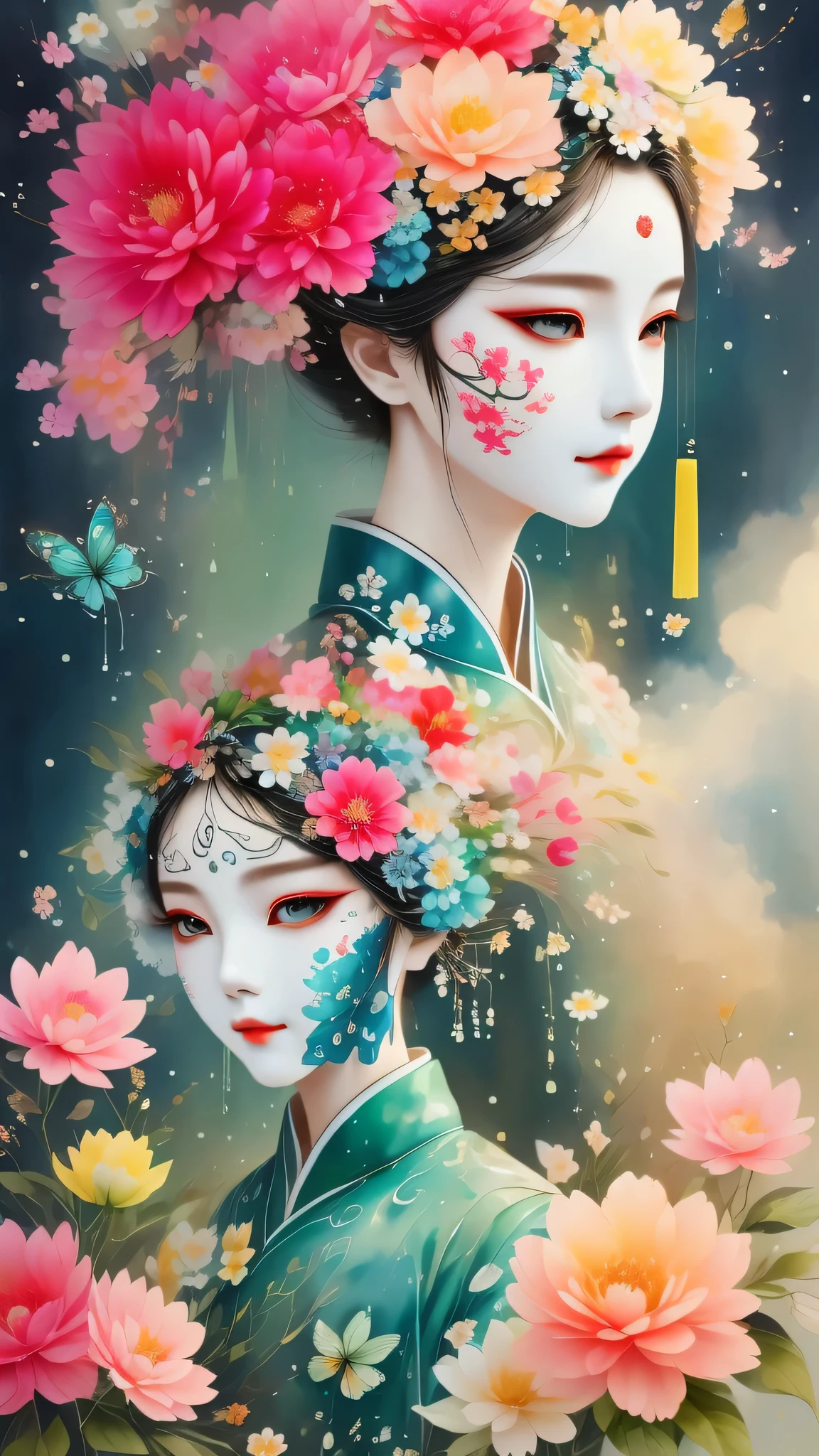 watercolor painting：1.37，wet，Flowing water marks。1 puppet，mechanical doll，Empty gaze among flowers，White mask surrounded by flowers，3D Mask，Clipping Mask，Flowing Hanfu，ColoRed clouds，Glowing insects，Black，Red，green，Light and Shadow，Actual situation，perfect composition，