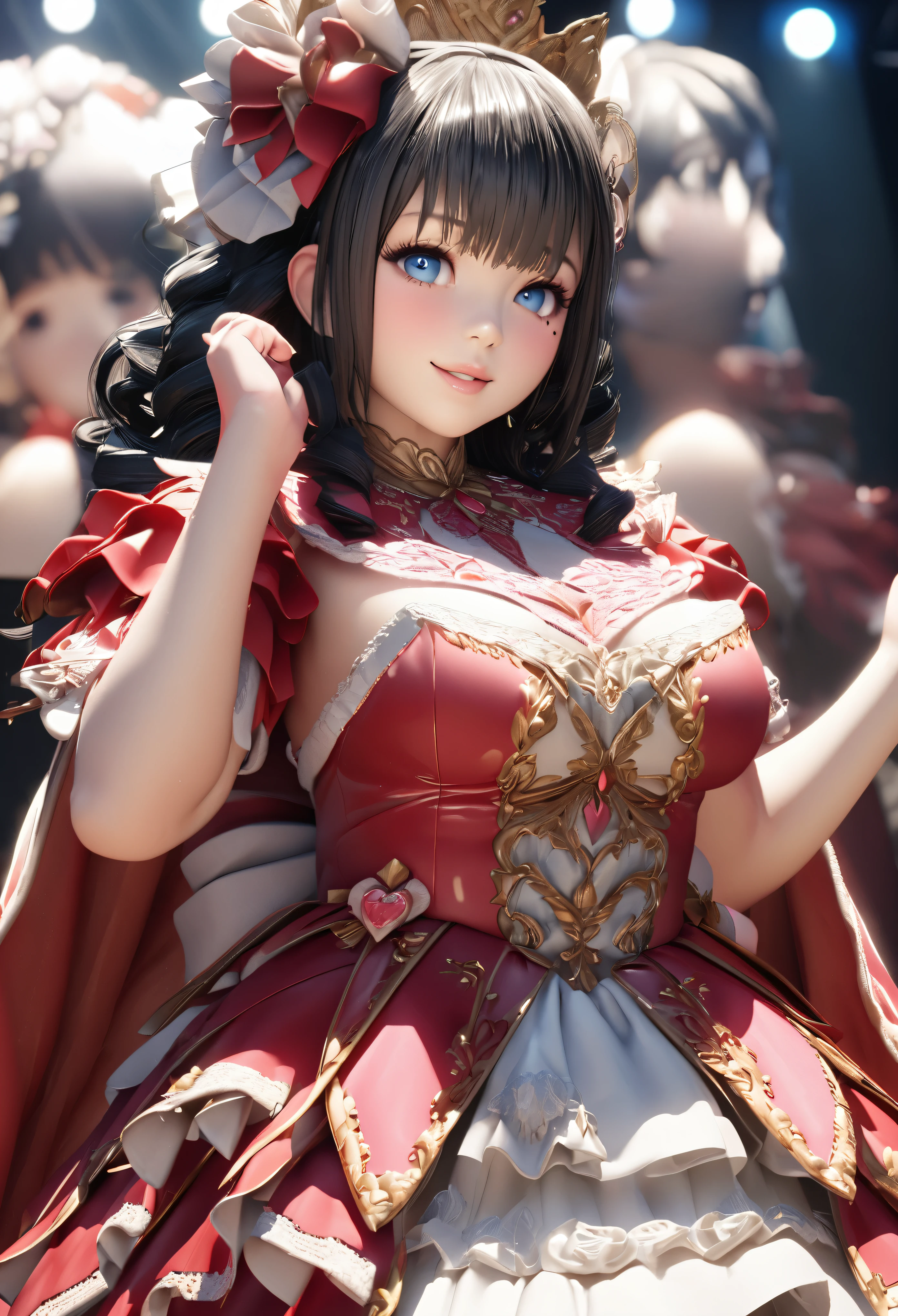 One Girl、Looking at the audience、
Beautiful Blue Eyes、Long black hair、Mole under the eye、Plump and glossy lips、Heart-shaped choca、Idol、smile、ー、。.。.。.。.。.。.。.。.。.。.。.。.。.。.。.。.。.。.3D、Realistic、
Princess dress with too many frills、Drape clothes、gem、The decoration has been removed、Floral、Lace trim、bright stage、
masterpiece、highest quality、8k、Detailed skin texture、Detailed cloth texture、Beautifully detailed face、Intricate details、Very detailed、
超A high resolution、8K Ultra HD、Film Grain、Best Shadow、delicate、Staring at the audience、front