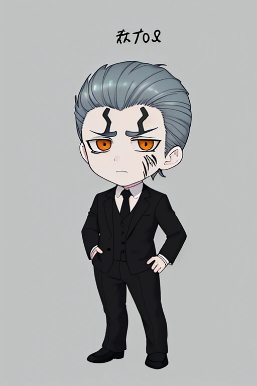,Frankenstein's monster in a suit,,full body,gray background,chibi,Landscape,upright,Lower your hands,Well-built,５Head to Body,Scars on the face,Muscular,White of the eyes,