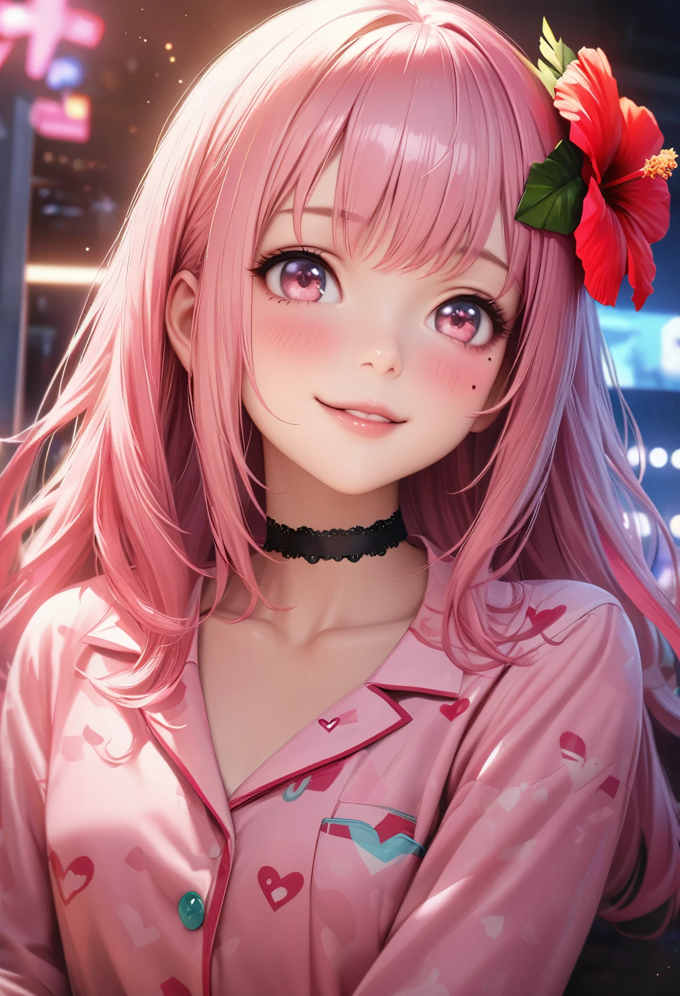 masterpiece, highest quality, Very detailed, High resolution, Expensive resolution, High resolution, 4K, 8k, unity 8k wallpaper, Very detailed CG, masterpiece, Realistic、 Beautiful details, depth, Fine texture, highest quality: 1.3, Total concentration, Crisp skin, he, Very cute anime, Cute like an idol, expensive pink long hair, One Girl, Aloha Pajamas, night、 Hibiscus Hair Accessories, Smiling long pink hair, whole body, Mole under eye, Line Sight, expensive, blush, Lips parted, heart, Pink Eyes, choker