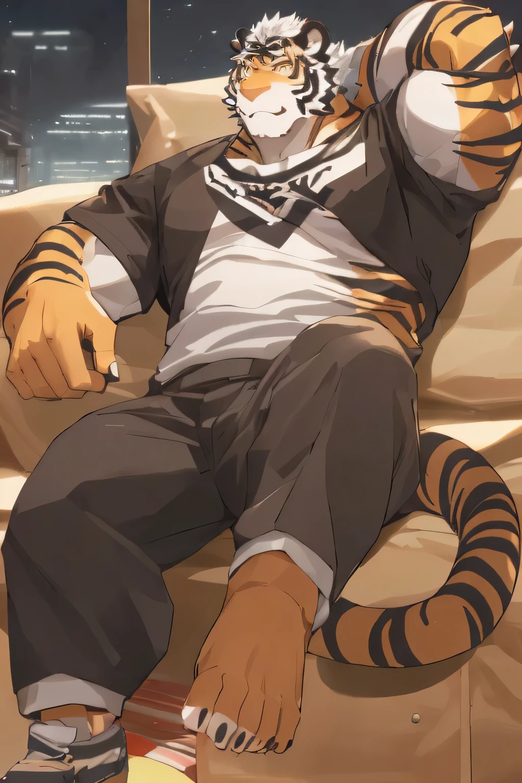 young,Handsome,Tiger Orc,male,Muscles。His orange fur has distinctive tiger stripes,His facial features are domineering and heroic,Golden eyes are unique and beautiful。,Sitting on the sofa,Chest muscles,Abdominal muscles,,Unique lighting,Perfect body,Panoramic view of the room,Handsome costumes,Cozy posture,Beautiful expression,Ultra-clear,Wearing short sleeves