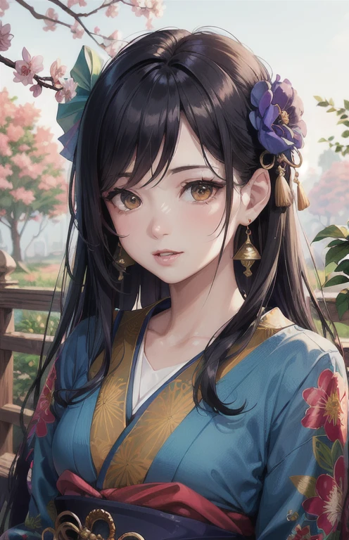 shukezouma, Octane Rendering, High resolution, (Ultra-detailed:1.15), (Soft Light, sharp:1.2), One girl, beautiful girl, Very fine eye, mature, Plump, thick, Rainbow painting drops,Splat, splash, Long colored hair, Ultra-fine texture kimono, (hair ornaments, Earrings, flowers hair ornaments, butterflies hair ornaments), Outdoor, Cherry tree