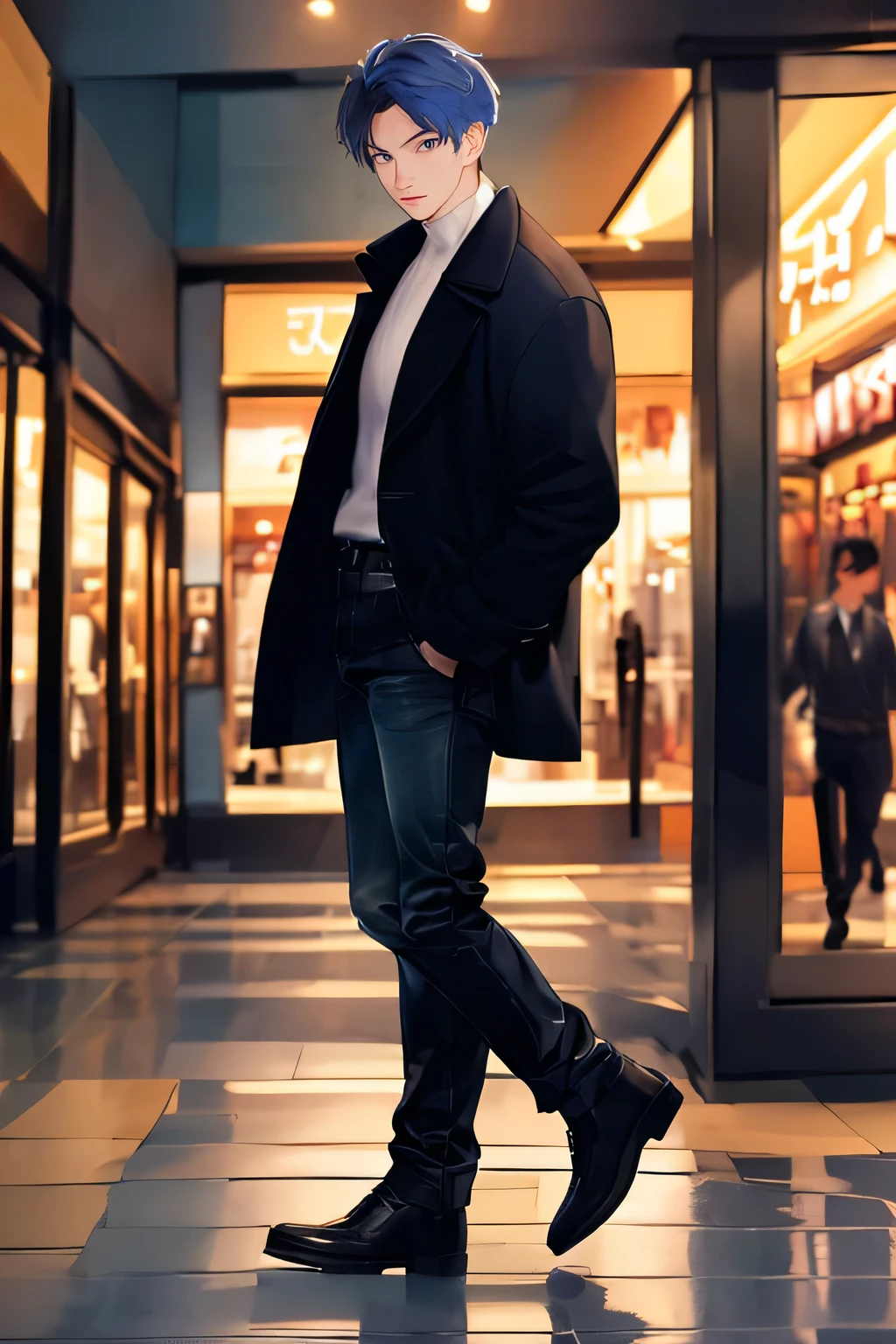 (4K Workasterpiece、(highest quality)、((In front of the department store))、Korean Man、Adult male、((Adult 50 years old))、((Adult uncle type))、((Leather Jeans Style))、((Looks like Hyunjin))、Cool guy、expensive、((Kind Face))、((Cool werewolf fashion in black))、((Long sleeve and long pants style))、((Makes your face smaller))、The body is slim、((Uncle))、((Dark Blue Hair))、((Dark blue short hair))、((blue eyes))、((Photographed from the front))、((Shot alone))、((Solo Photo))、Professional photos、((Reach your audience))、((He walks in front of the viewer))、((Dad&#39;s body type))、