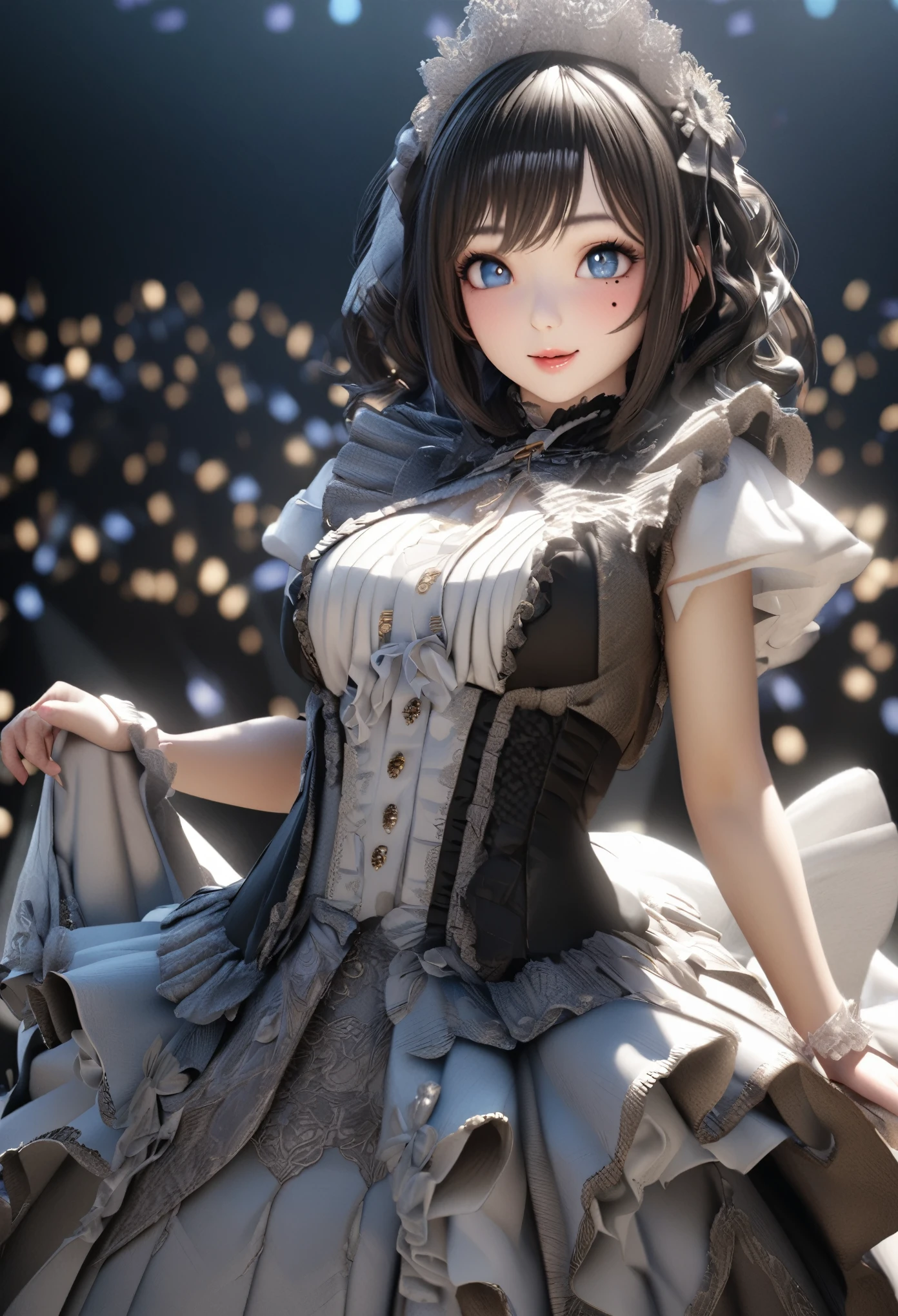 One Girl、Looking at the audience、
Beautiful Blue Eyes、Long black hair、Mole under the eye、Plump and glossy lips、Heart-shaped choca、Idol、smile、ー、。.。.。.。.。.。.。.。.。.。.。.。.。.。.。.。.。.。.3D、Realistic、
Princess dress with too many frills、Drape clothes、gem、The decoration has been removed、Floral、Lace trim、bright stage、
masterpiece、highest quality、8k、Detailed skin texture、Detailed cloth texture、Beautifully detailed face、Intricate details、Very detailed、
超A high resolution、8k Ultra HD、Film Grain、Best Shadow、delicate、Staring at the audience、front