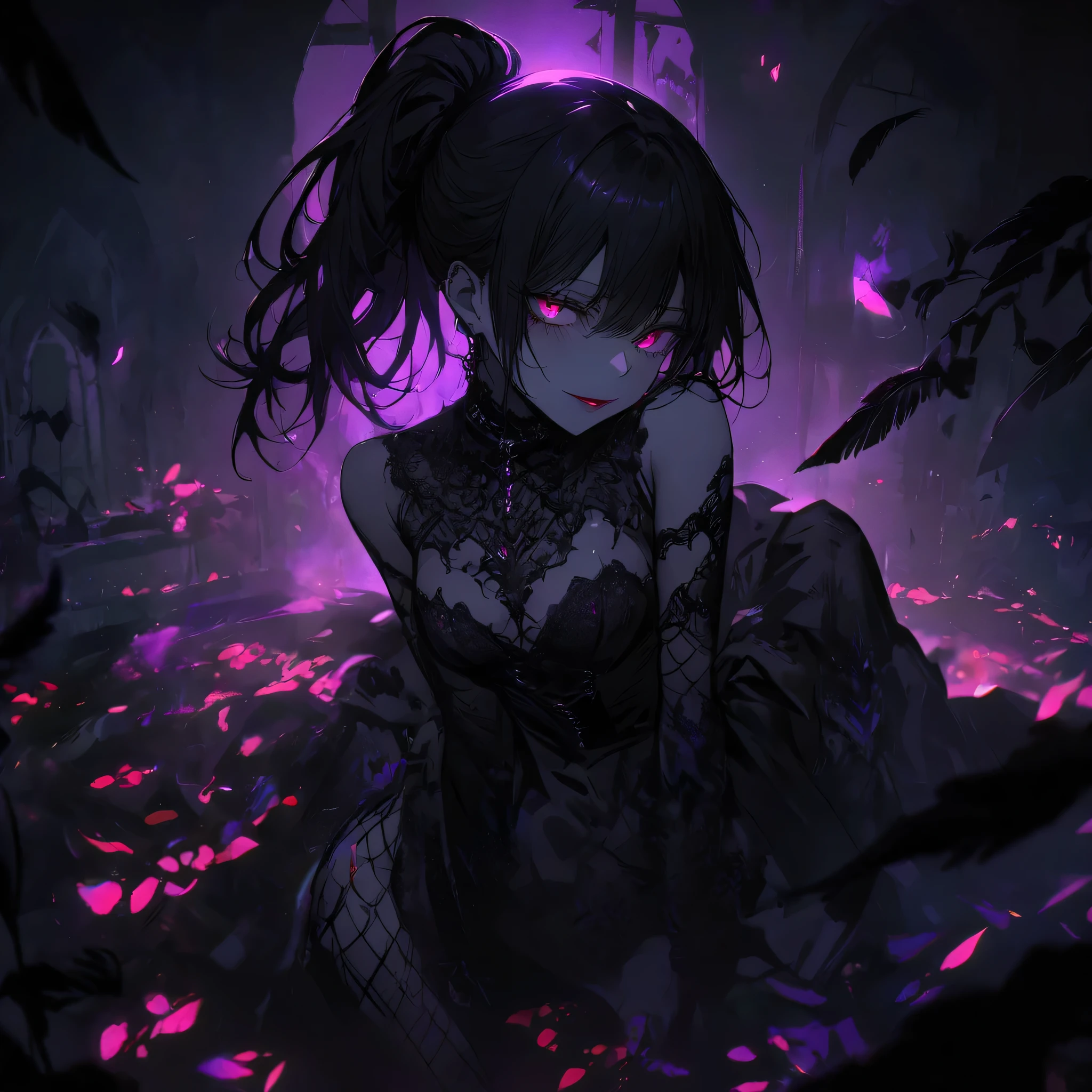 （dark atmosphere，gothic fashion，bright colors），（best quality，Super exquisite，），Sexy goth Vampire girl，In the rose garden at night，Beautiful and delicate eyes，Straight black ponytail with blue tips，Crow feathers，red lipstick，mysterious smile，Pale complexion，fishnet stockings，black lace dress，Pointed-toe bootysterious aura，The moonlight illuminates her elegant silhouette，Soft shadows and soft highlights，Contrasting colors create a vibrant atmosphere，dark and moody color palette，Subtle yet dramatic lighting effects，Sublime darkness intertwined with exquisite moonlight