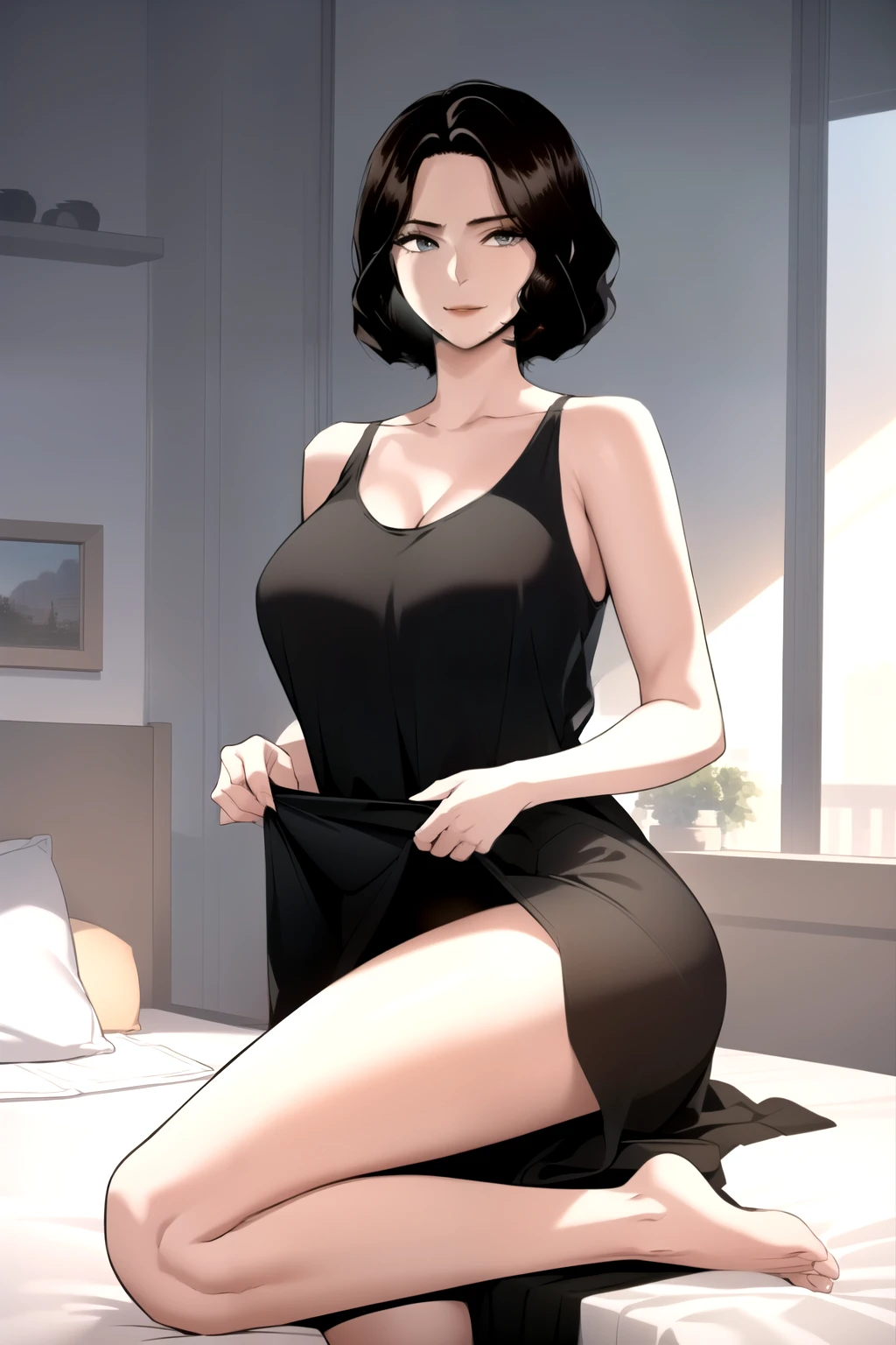 masterpiece, best quality, perfect anatomy, beautiful background, beautiful face, beautiful eyes, full body, shin jiye, 1girl, solo, smiling, sexy, short hair, large breasts, black hair, lying down on bed,wide hip, legs crossed, collarbone, mole, lips, tank top, mole under mouth, deep neckline, close up breasts, from side, looking at the viewer