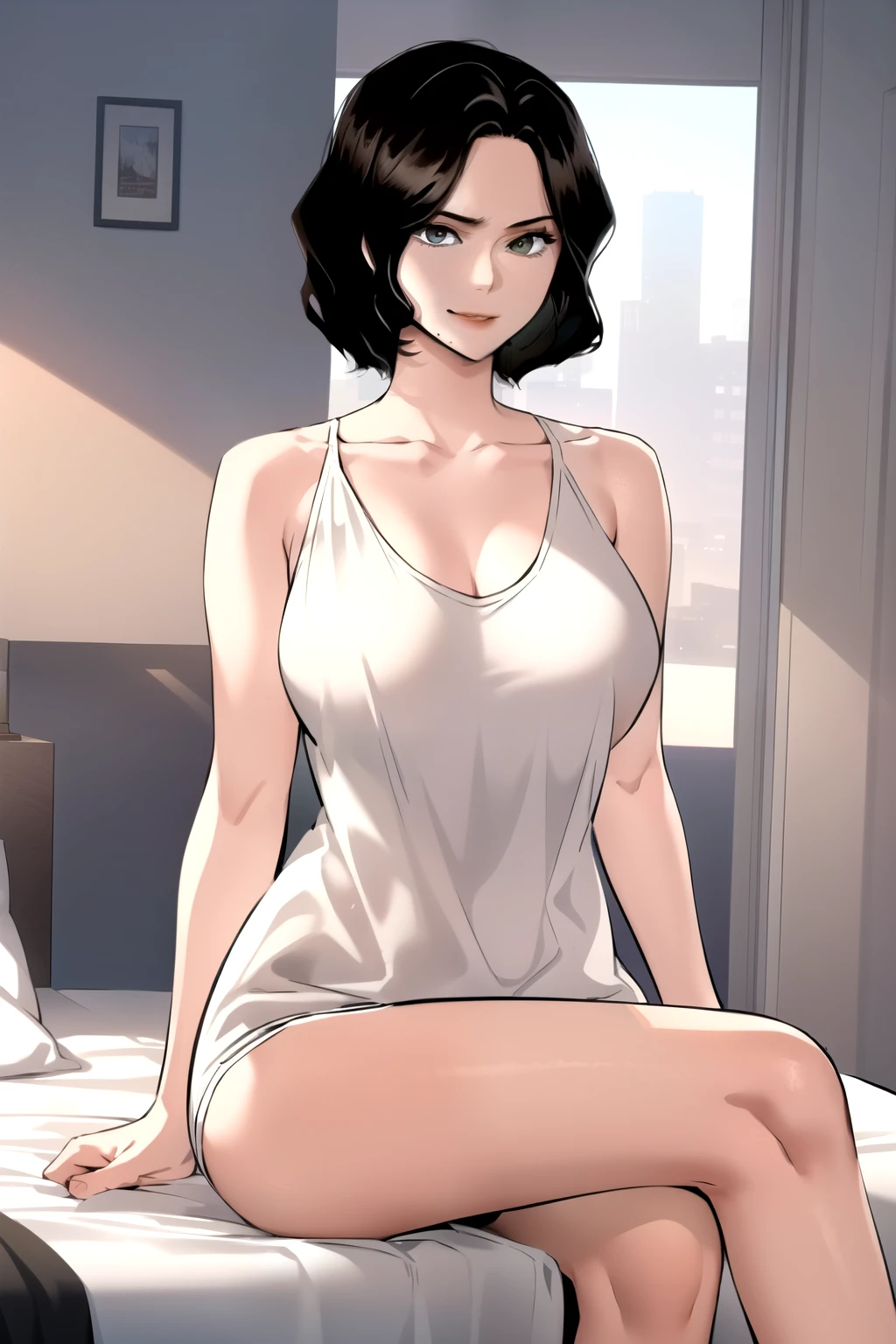 masterpiece, best quality, perfect anatomy, beautiful background, beautiful face, beautiful eyes, full body, shin jiye, 1girl, solo, smiling, sexy, short hair, large breasts, black hair, lying down on bed,wide hip, legs crossed, collarbone, mole, lips, tank top, mole under mouth, deep neckline, close up breasts, from side, looking at the viewer
