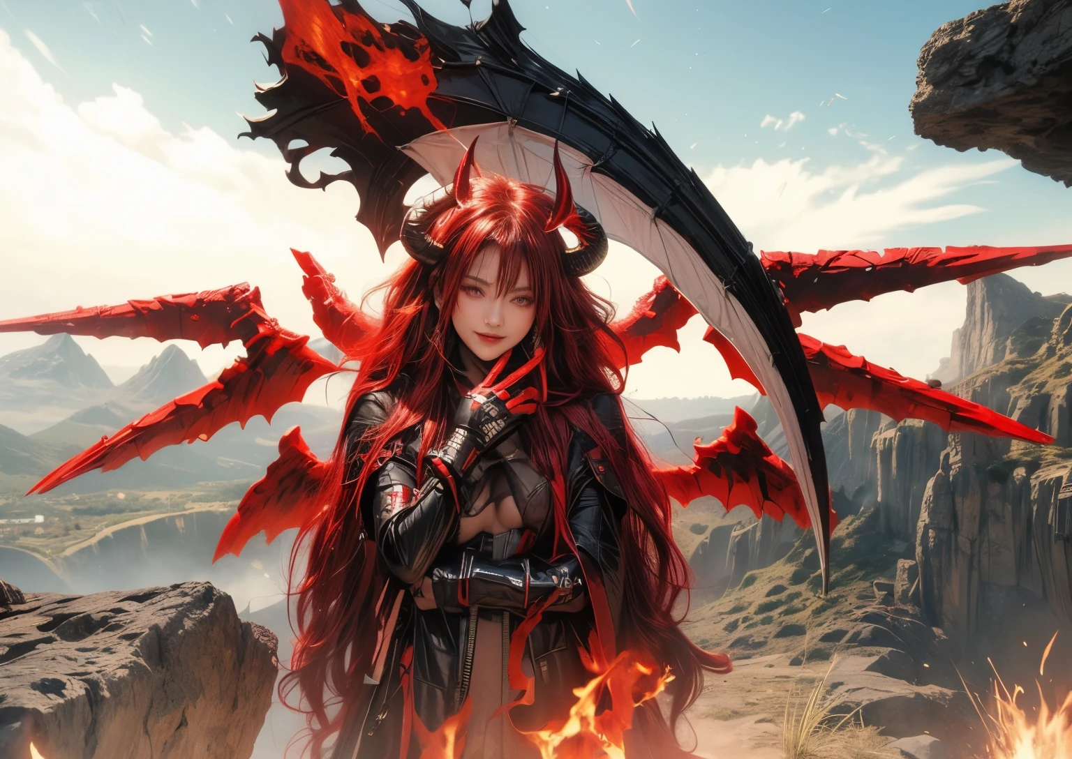 (masterpiece, best quality:1.2), (8k uhd, 16k, 32k, ultra high res, ultimate-realistic, ultimate-realistic details, ultimate-realistic texture, ultimate-realistic lighting, ultimate-realistic shadow, ultimate-realistic eyes, j cup size, Solo, demon queen, elegant red glowing pupils, twin tail hair,red hair, red devil horns, huge metal scythe, scythe, huge scythe, red metal wings, red cape, long torn red cape, dark chaser armor, sexy metal armor, dark armor, hyper details, beautiful face, detailed tattoos in her face, welc, hyper quality, 8k, color dynamic lighting, a demon queen who little smile at your face, demon queen in the edge of valley, 1girl, red pupils, red devil horns, solo, black gloves,