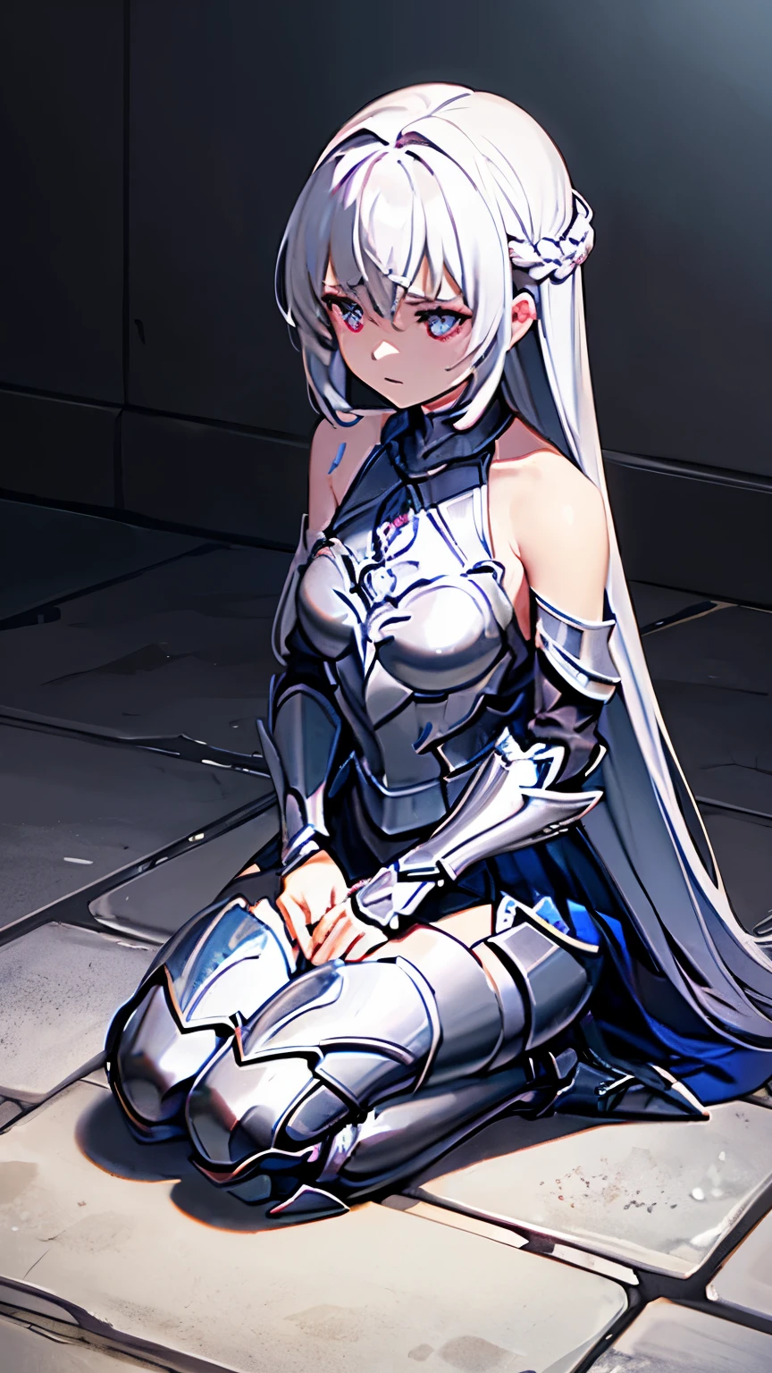 A girl, wearing a simple armor, shattered, armor is broken, simple broken sword, she is kneeling on the floor, she is sad and hurt, missing parts of the armor, armor is ultra shattered, tears, ultra long hair, Long eyelashes, ultra detailed face, glowing lips, glowing eyes, campfield