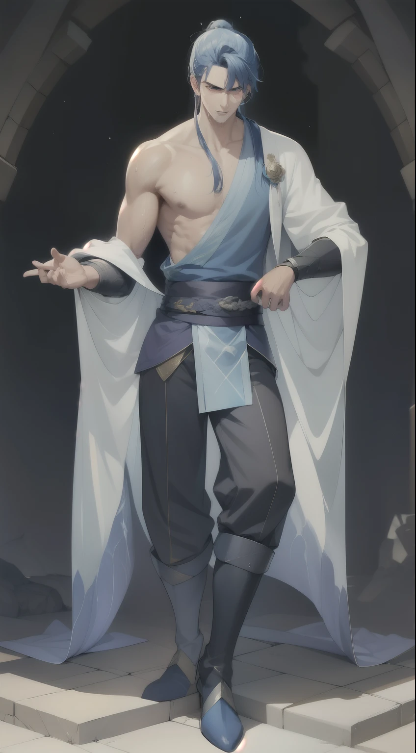 quadratic element，style of anime，mtu（Male Warrior），musculature，The proportions are correct，Face details，swordsmen，High ponytail hairstyle，perspired，Sweat on the face，drools，Neck details，There is an Adam's apple，Get wet，Drenched，Black Hanfu，kaftan，Embroidered robes，Black robe，clothes details，Handing over，longer sleeves，Game quality，Swordsmanship，Light and shadow tracking，Ray traching，detailed glow，cg render，hair detail，cabelos preto e longos，Golden eyes，Sweat on the face，Handsome，Handsome，Beads of sweat slipped down my neck，（juvenile sense），Clothing is complicated，Drenched，Get wet，Perfectcomposition，Refinement，high qulity，higher details，Lots of details，The background is complex，a sense of atmosphere，