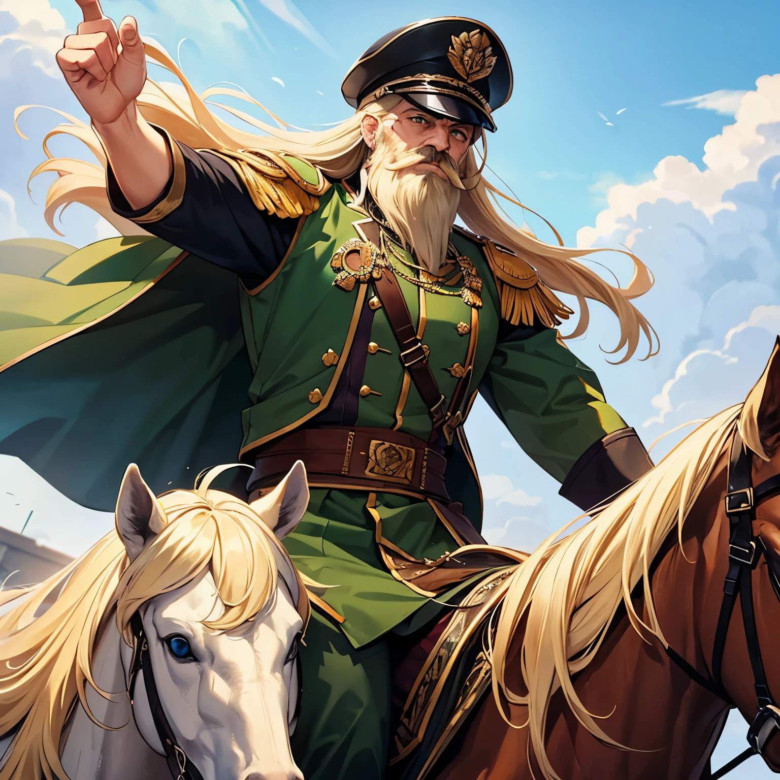 Nobleman,Adult male, 40 years old, mustache and beard, muscular, green eyes, head of the center, blonde hair, long hair, fierce, general's clothes, riding a white horse, annoyed expression