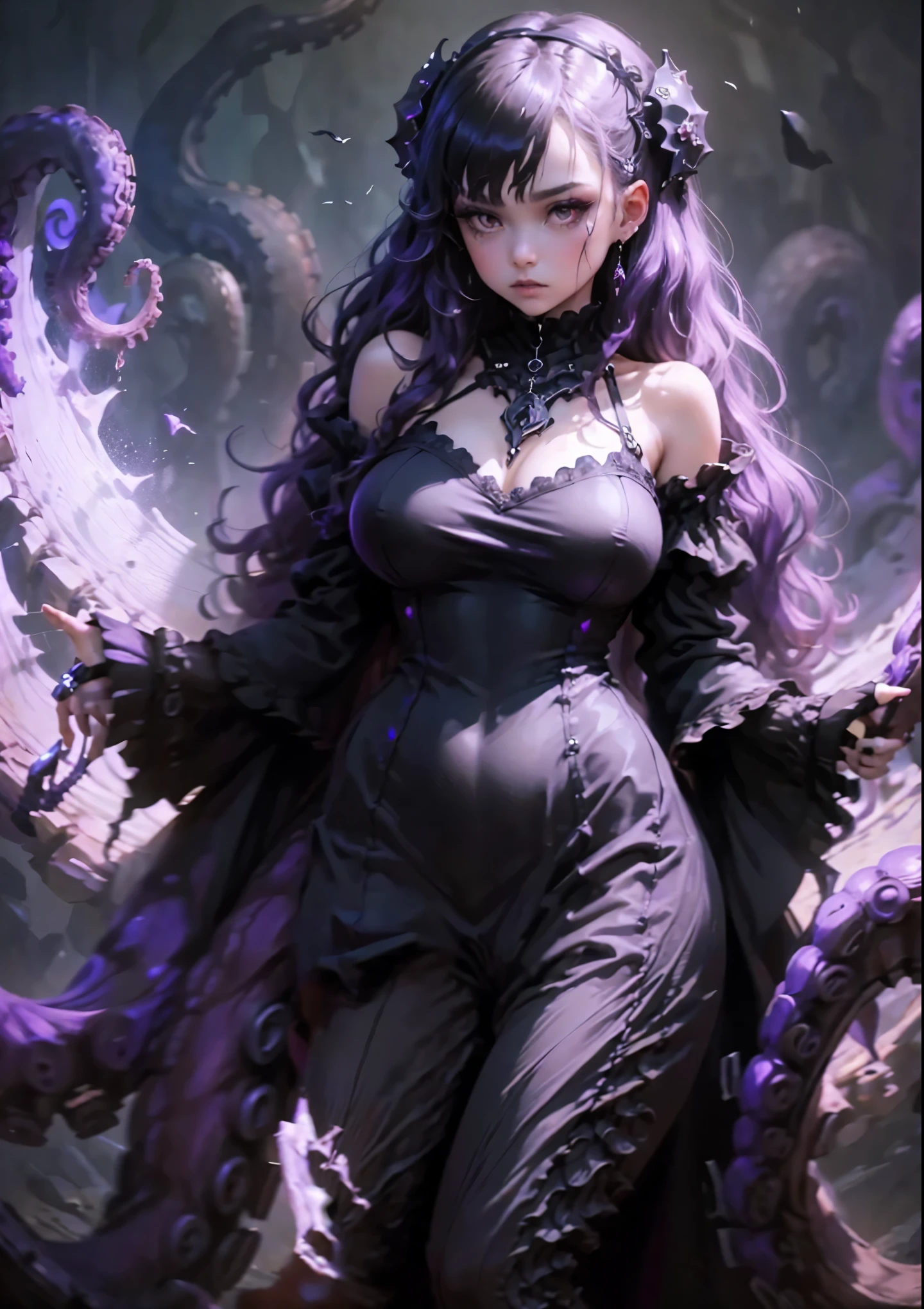 A girl whose lower body is a kraken. Scylla She's wearing a gothic dress. Her image colors are black and purple. jewelry accessories.