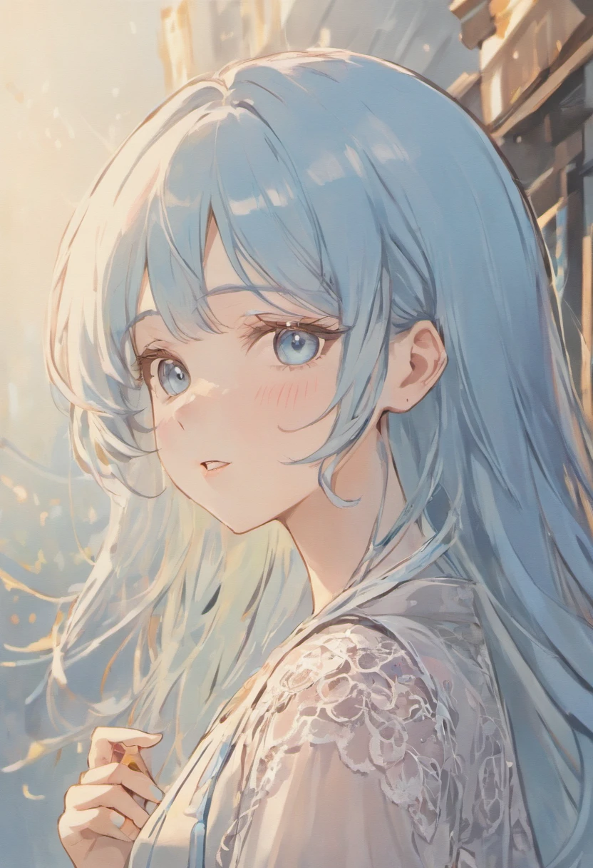 ((highest quality)), ((masterpiece)), (Get used to it), Perfect Face , masterpiece、highest quality、High resolution、High-quality images、8k, 1 female、Skin Radiance、Texture of skin and clothing、Expression of fine eyes、shiny silver hair,Girl with long braided hair, Manga inspired by Lee Jong-suk, Trending on deviantart, realism, detailed manga style, Manga art style, Perfect Line Drawing, Beautiful line art, digital manga art girl, K-POPアイドル, Beautiful light blue eyes, Lips become thicker, Gorgeous face with attention to detail, (Cute Smile), charm, Innocent, Side view, (Perfectly detailed face), (Beautiful Hands) Photorealistic images, Written boundary depth, 20th Generation ,beautiful girl , Light blue rose , Lace dress , Medium Chest , protruding shoulders , I can see her cleavage , Light blue rose , 背景にはたくさんのLight blue roseがあります ,