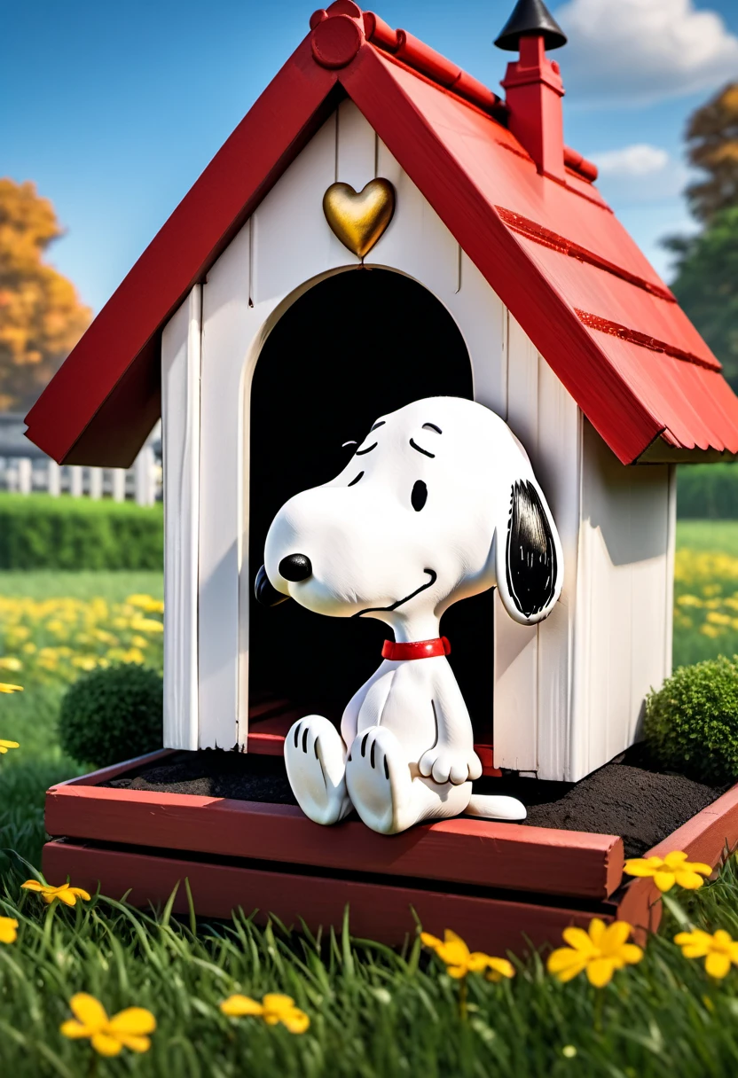 #quality(8k,wallpaper of extremely detailed CG unit, ​masterpiece,hight resolution,top-quality,top-quality real texture skin,hyper realisitic,increase the resolution,RAW photos,best qualtiy,highly detailed,the wallpaper,cinematic,golden ratio), BREAK ,(snoopy\(peanuts\) is sitting on the roof of the doghouse:2.0),#1boy(snoopy\(peanuts\),white,black ears,black muzzle,red collar,),#doghouse(white,roof is red,),#background(grassfield),from side