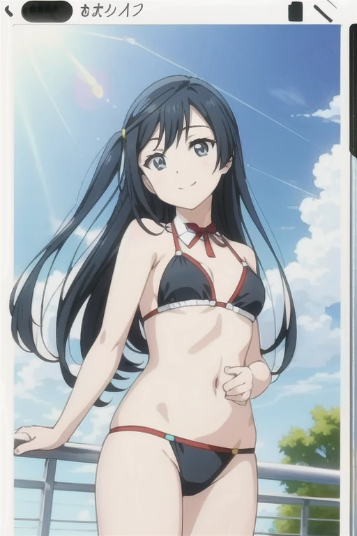 (highest quality, masterpiece:1.2), One Girl, alone, anime, anime screencap, Ray Tracing, Global Illumination, ultra hi resolution picture, Bright colors, Cinematic Light, Lens flare, Light on the face, Shining Eyes, Written boundary depth, Happy, Detailed Background, cute, straight, smile, View audience, Outdoor, null, cloud,
yuki setsuna, Cowboy Shot,bikini,Swimwear,