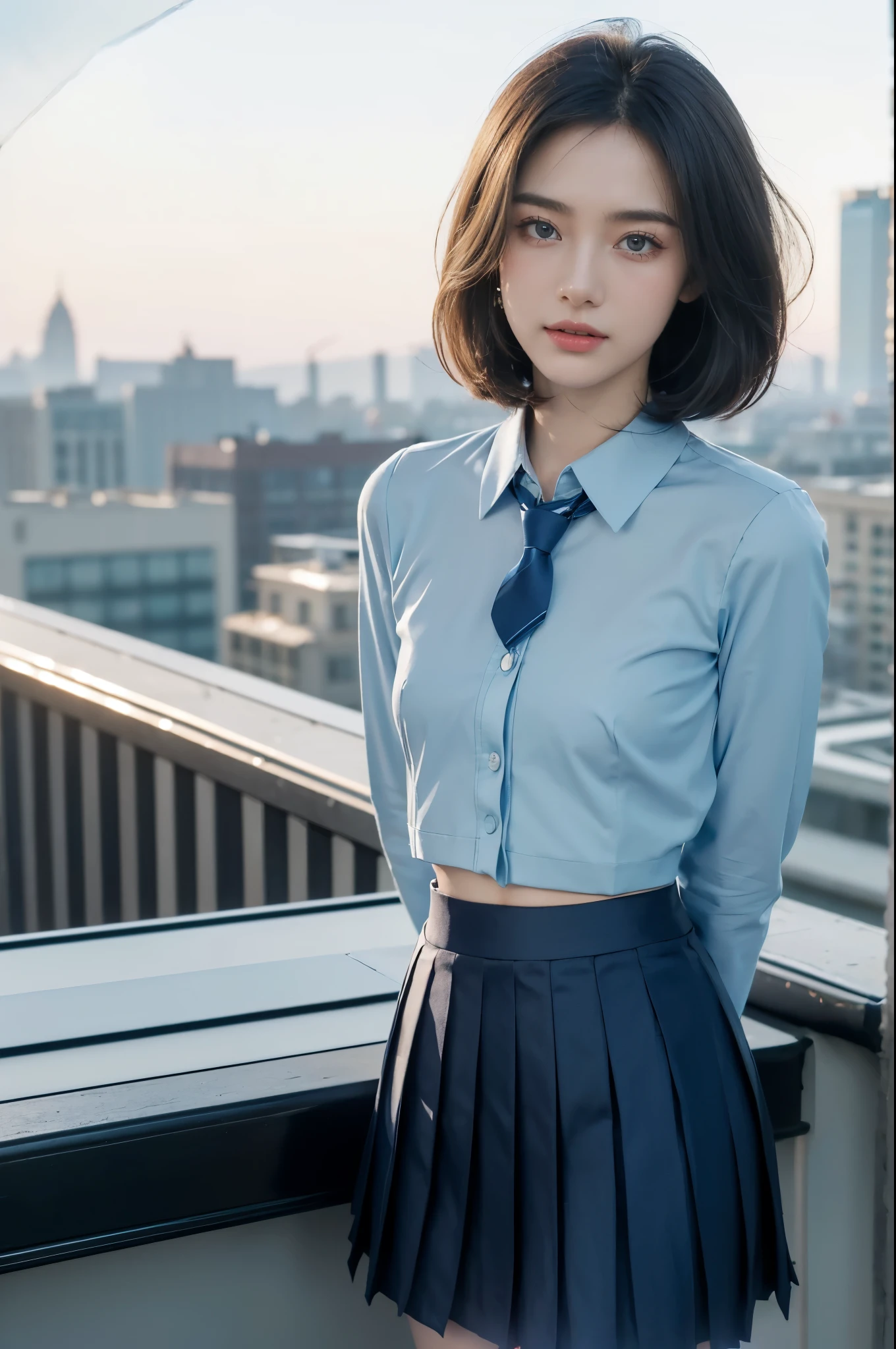 ((((8k))),((Extremely meticulous CG)) ,(wallpaper),16k,((Extremely refined and beautiful)),(((Masterpiece))),(((best qualtiy))),(((Ultra High Resolution))),beautiful light up,Perfect lightning,realistic shaded,((high resolution)),(Smooth and flawless skin:1.5),(Extremely exquisite facial details:1.2),(perfect body:1.2),(ultra-detailed),((A beautiful girl,solo)),(small head:1.2),(pale skin:1.3),(medium straight bob hair:1.2),(small face:1.2),(Exquisite makeup:1.2),((slim,thin)),(laughing:1.2),(happy:1.2),(small breasts:1.2),(flat chests:1.2),(light blue collared shirt:1.5),(sleeves:1.2),(Windsor knot:1.3),(navy blue pleated mini skirt:1.5),(slender legs:1.2),(stockings:1.5),(loafers:1.3),(day scene:1.5),(sunny:1.3),(On the rooftop of a skyscraper:1.3),(cityscape:1.3),(spring:1.3),(detailed background:1.5),(standing:1.3),(arms behind back:1.2),(upper body:1.2),(from front:1.3)