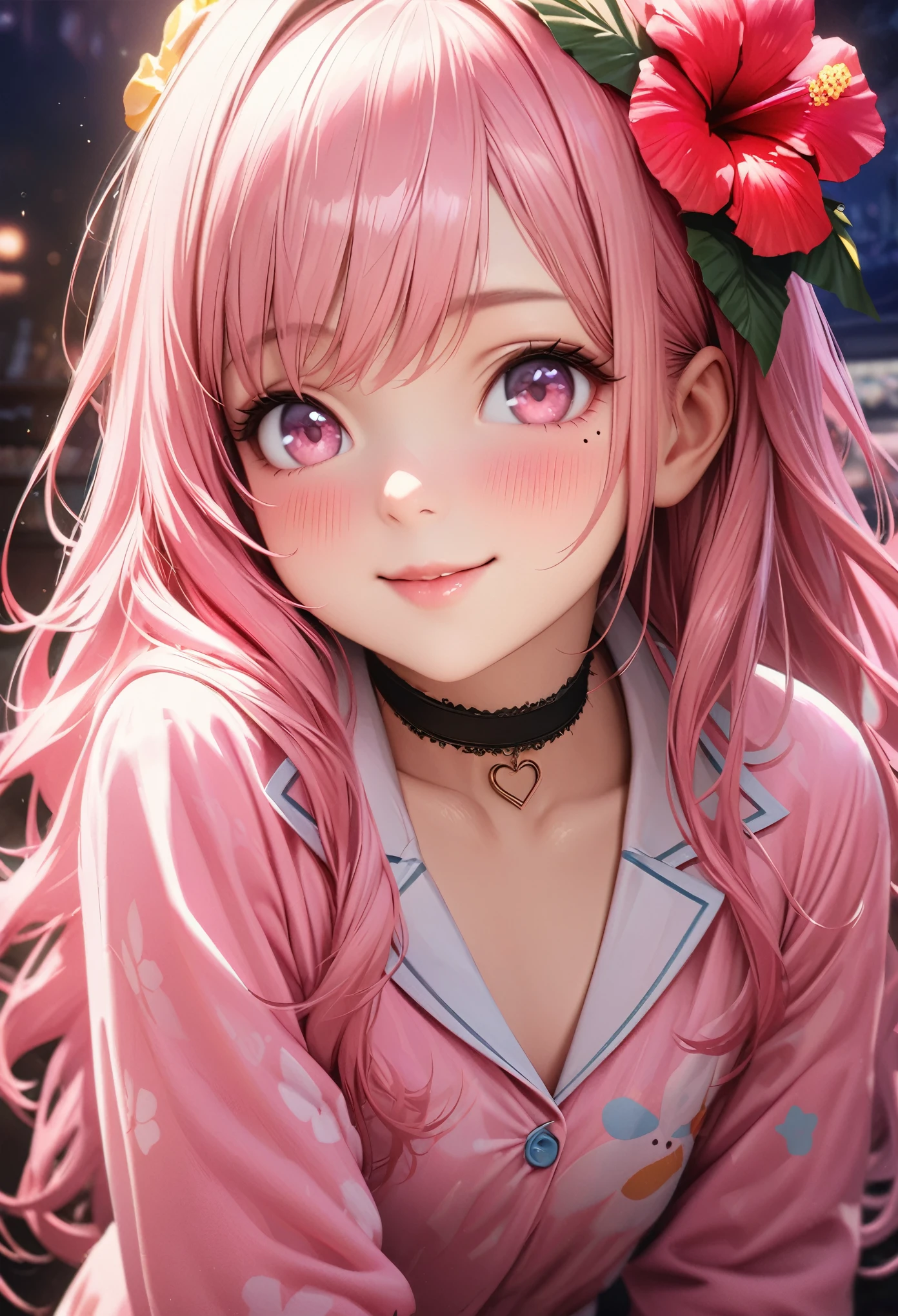 masterpiece, highest quality, Very detailed, High resolution, Expensive resolution, High resolution, 4K, 8k, unity 8k wallpaper, Very detailed CG, masterpiece,  Realistic、 Beautiful details, depth, Fine texture, highest quality: 1.3, Total concentration, Crisp skin, he, Very cute anime, Cute like an idol, expensive pink long hair, One Girl, Aloha Pajamas, night、 Hibiscus Hair Accessories, Smiling long pink hair, whole body, Mole under  eye, Line Sight, expensive, blush, Lips parted, heart, Pink Eyes, choker