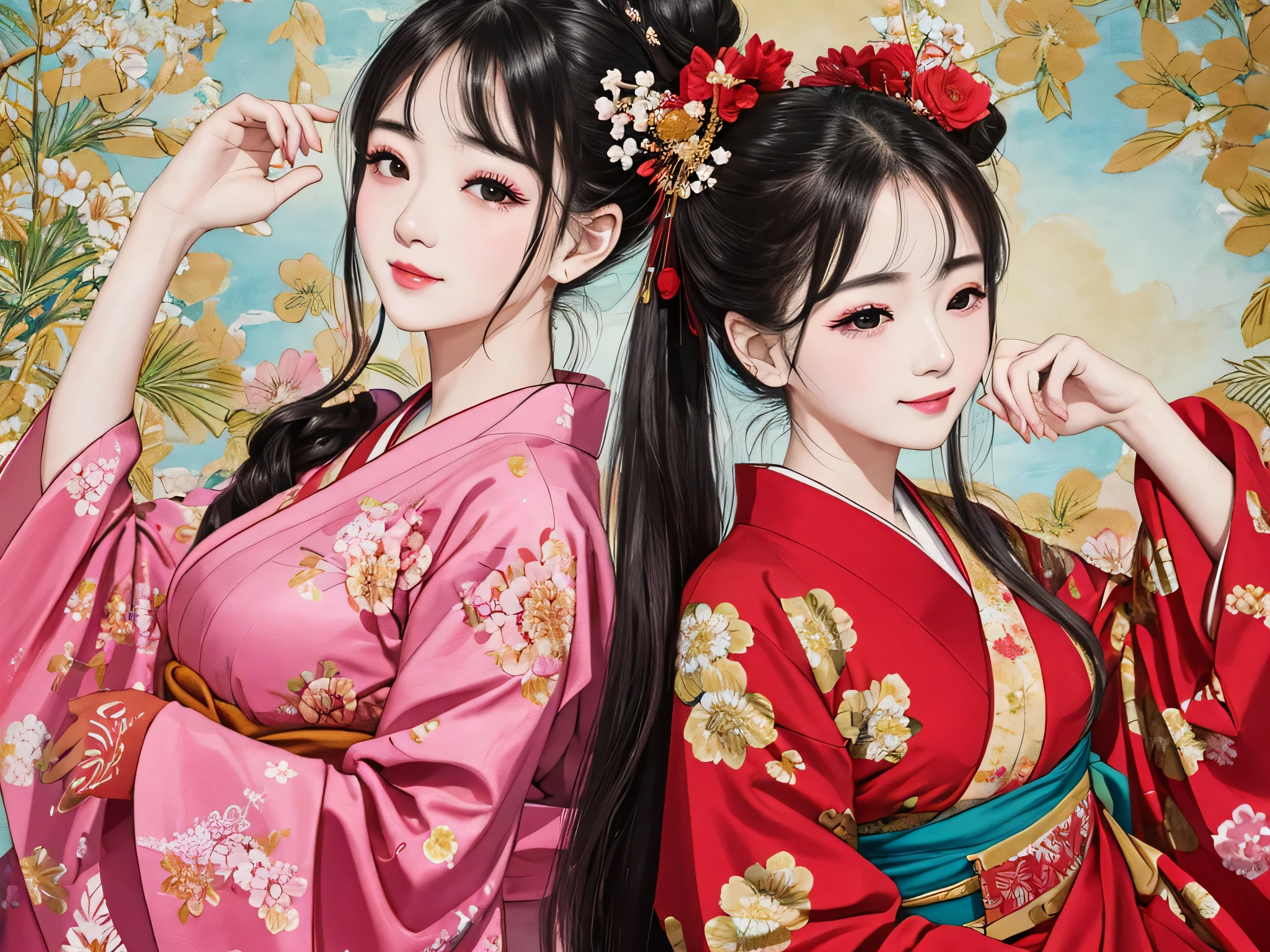 Each has a different expression2People and sisters、(2 girls)、⦅Dancing traditional arts with grace)、((Big Breasts、Small Face、Not exposed))、highest quality、masterpiece、(Black Hair、Bun Hair)、Brown Eyes、⦅Wide angle、Angle from above the waist、Pause on the magazine cover、Each person has a different perspective when looking into the distance⦆、(8K high quality、masterpiece、High resolution、Realistic and beautiful light and shadow、(highest quality)、(High Resolution)、(Very delicate and beautiful)、(Beautiful 8k face)、(Smiling and closing your eyes、Beautiful eyes)、(Clear skin)、(Soft hair)、(8Head to Body)、(A Japanese style yukata kimono with red, pink and orange floral patterns on a white background, interspersed with gold powder、Wearing a yukata2Beautiful Japanese girls)、((Tanabata decoration background))、((Small Face))、(arms up)、Thin and small nose、(Red lipstick)、(Make your cheeks red)、(Glossy skin)、((Ink painting style))、Very thin eyebrows、Overall ultra-high image quality、(She is wearing maiko-style makeup.)、Whitening、Long and beautiful eyelashes、Glowing Skin、(Red cheeks),Straight nose、masterpiece、highest quality、whole body、 Eyebrows visible through hair、Bun Hair、Grin、Gal、Kogal、Viewer's Eyes、Plaid、Stylish、woman、fine、Pause、
Waiting to start
