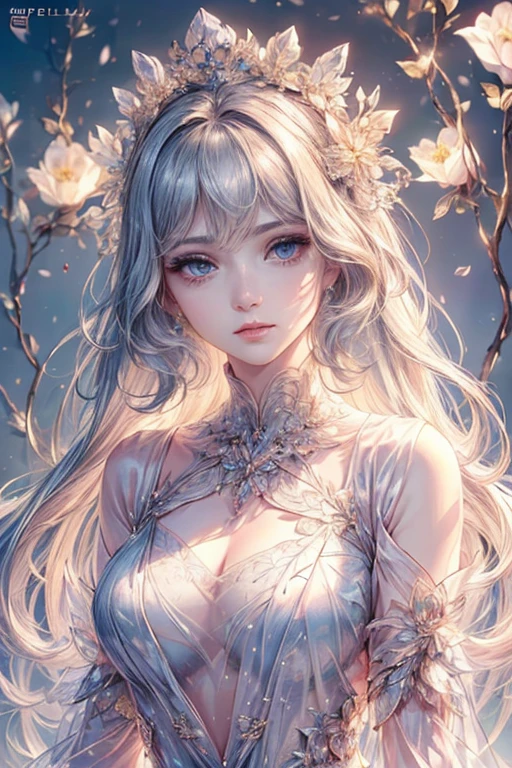 (highest quality,8k,CG,Beautiful details upper body,lonely,Thumb Girl,sheer coat dress,Floral Background,Complex facial features,Elegant long hair,Almond-shaped eyes,Exquisite eye makeup,Long eyelashes fluttering,Big blinking eyes,Starry Sky,Delicate lip detail,Soft style)