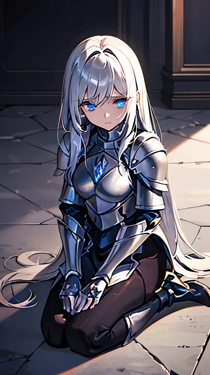 A girl, wearing a simple armor, shattered, armor is broken, simple broken sword, she is kneeling on the floor, she is sad and hurt, missing parts of the armor, armor is ultra shattered, tears, ultra long hair, Long eyelashes, ultra detailed face, glowing lips, glowing eyes, campfield 