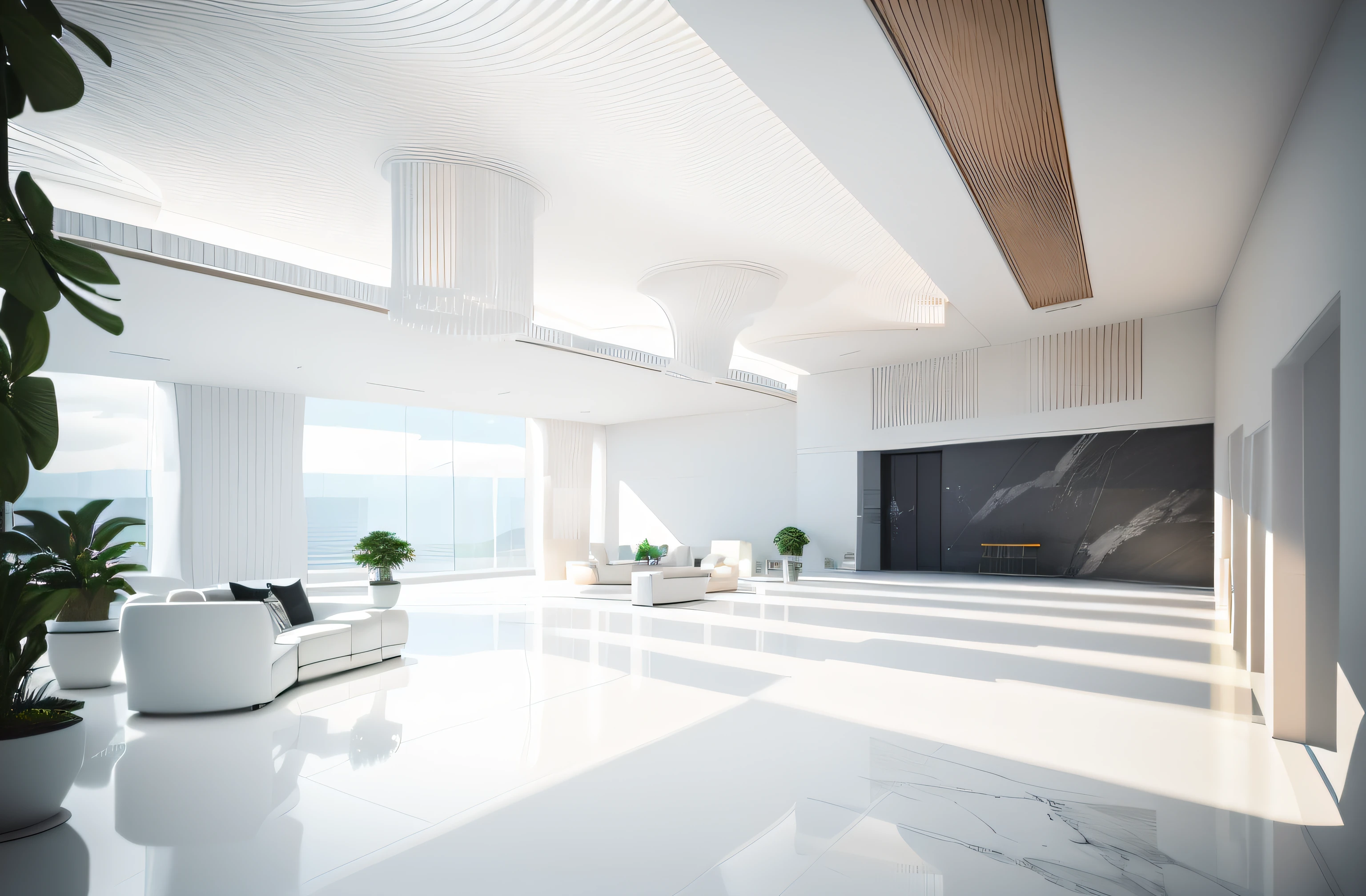 There is a spacious lobby，White marble floors and glass ceilings，There are plenty of sofas and tables inside, interior architecture view, building rendering, simple ceiling, archviz, high ceiling, professional render, Realistic physical rendering, high quality rendering, CG rendering, very tall ceilings, all white render, highly photographic render, excellent 3d render, realistic cgi render, lumion render, high quality rendering