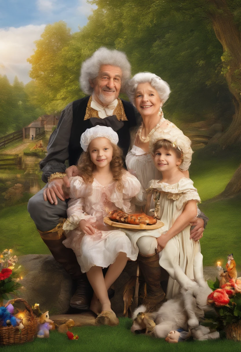 create an ultra realistic, European baroque style image that captures the beauty of the countryside with trees and flowers, and a happy family on a picnic. The scene includes a young, athletic father with a cap and short black hair, a young, slightly chubby mother with blond hair and a hat, an 85-year-old grandpa with white hair and a cane showing a warm smile, a 75-year-old grandma with white, a 10-year-old grandson dressed as a football player with black hair, and a 4-year-old granddaughter with slightly curly brown hair. Everyone is smiling and enjoying the picnic. In the style of Rembrandt and Johannes Vermeer, with exceptional luminosity, meticulous and realistic technique