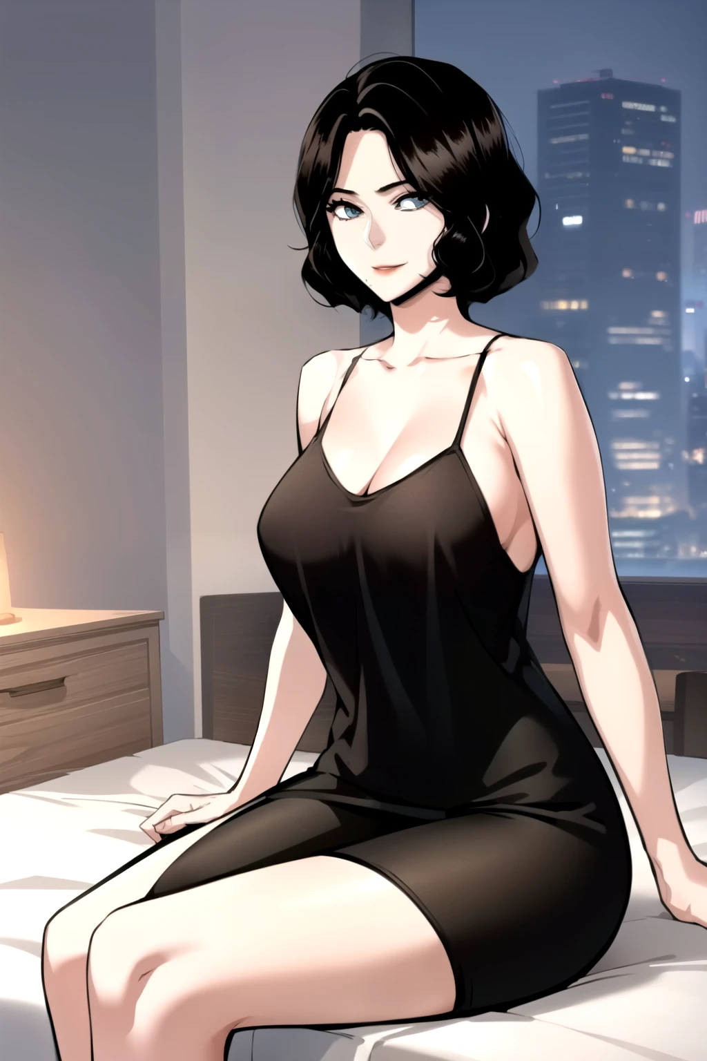 masterpiece, best quality, perfect anatomy, beautiful background, beautiful face, beautiful eyes, full body, shin jiye, 1girl, solo, smiling, sexy, short hair, large breasts, black hair, lying down on bed,wide hip, legs crossed, collarbone, mole, lips, tank top, mole under mouth, deep neckline, close up breasts, from side, looking at the viewer