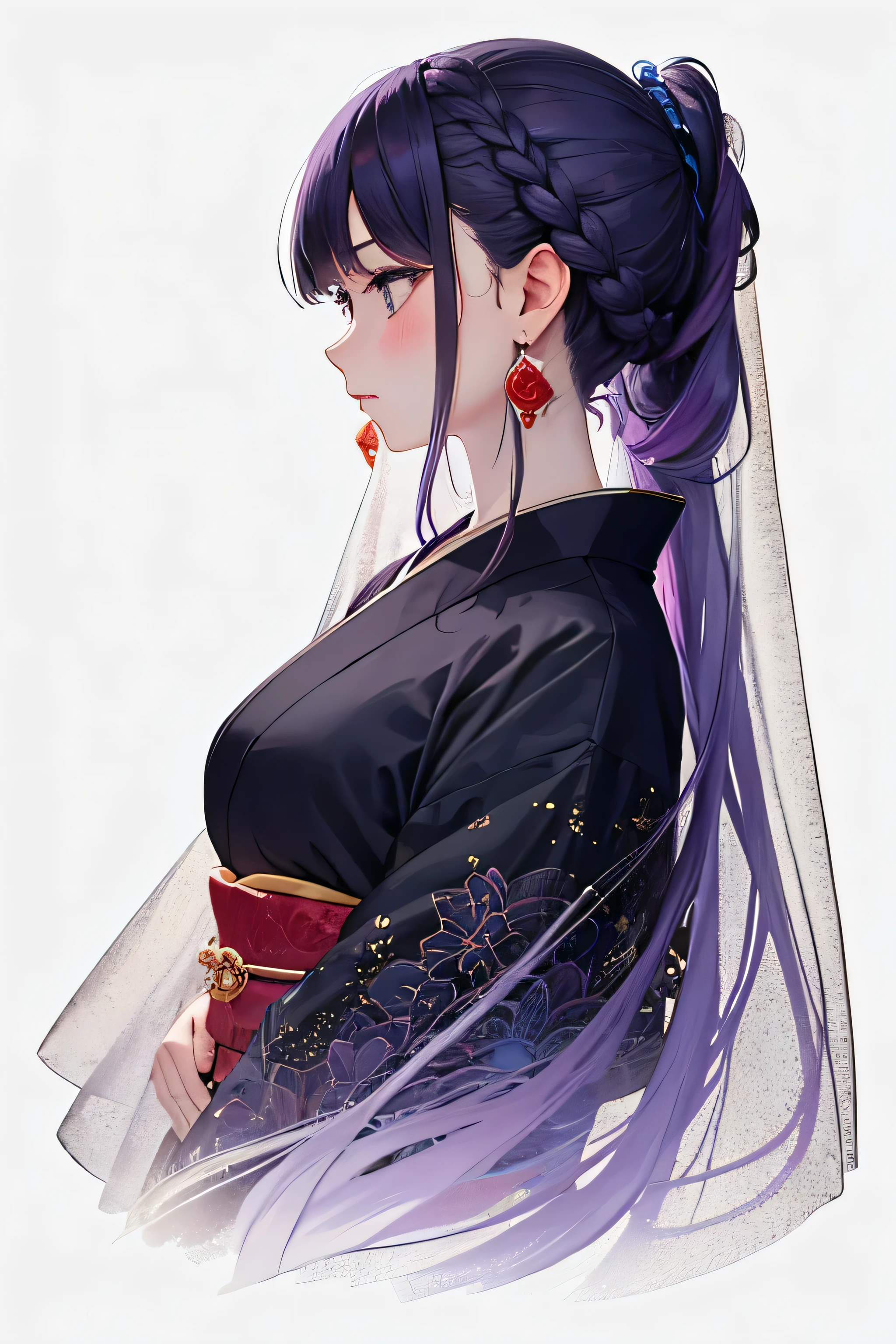 (masterpiece:1.2), highest quality,pixiv,Colorful portrait, One girl, alone, jewelry, Earrings, Long Hair, Braiding, profile, Upper Body, bangs, blue eyes, From the side, Veil, kimono, Long sleeve, kimono, pale purple hair, Black background, single Braiding, blush, See-through,18-year-old,Rose