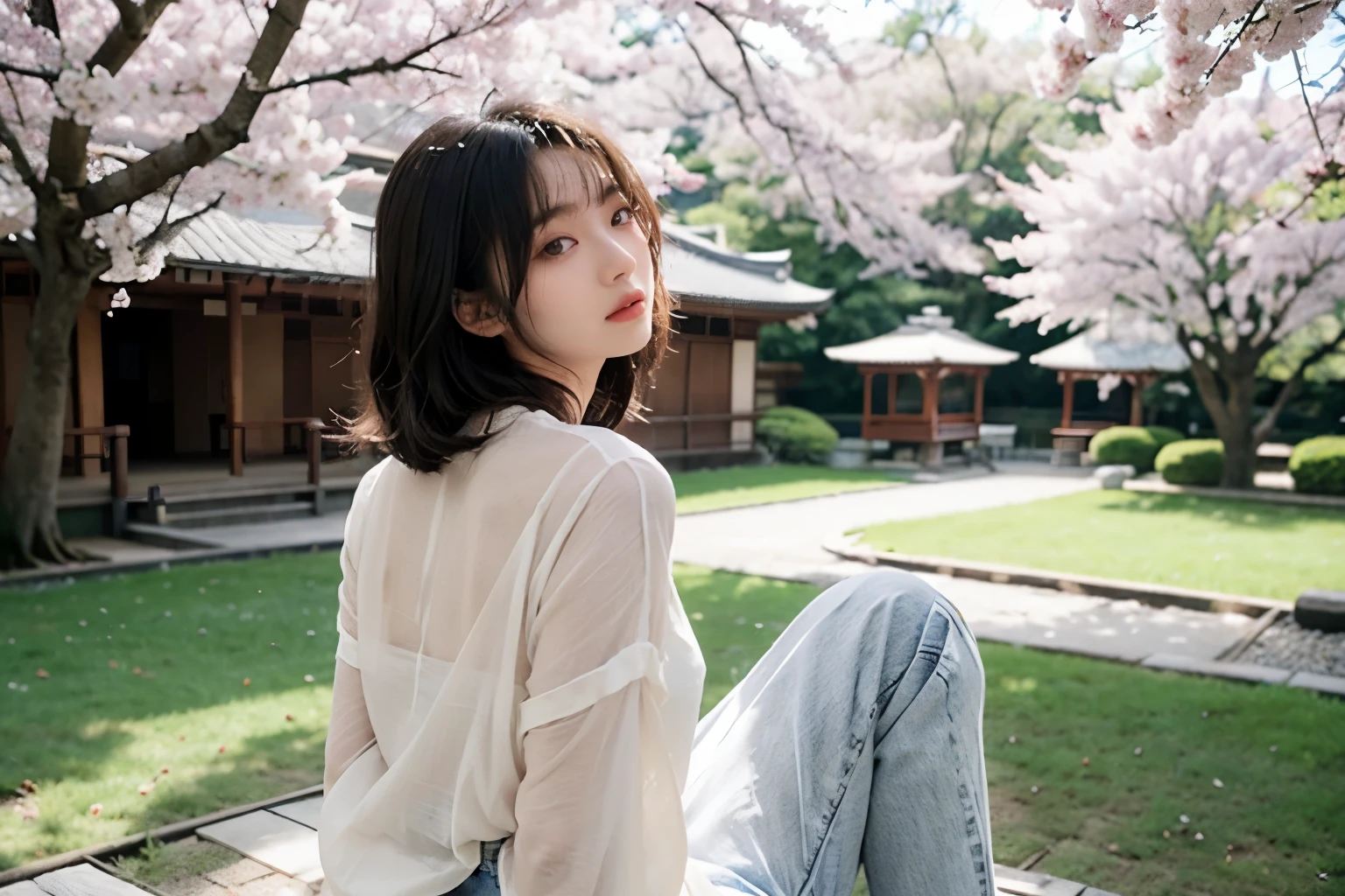 Japan, minimum, harmony, tranquility, beautiful, grace, spring, morning, Cherry blossoms blooming in the temple grounds with fine texture, light shower, diffused natural sunlight, girl looking up at the cherry blossoms, floating Medium Hair, diffused natural skin glow, light colored blouse, jeans, masterpiece, highest quality, RAW Photos, sigma 50mm f1.4, candytt