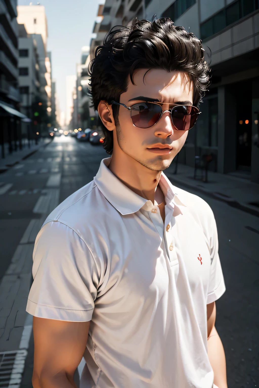 arafed boy in a red shirt and sunglasses standing in front of a street light, casual photography, mohamed chahin style, photo taken with canon 5d, photograpgy, portait photo profile picture, modeling shoot, with sunglass, with lovely look, potrait, with accurate face, photography hight quality, candid picture, wearing polo shirt