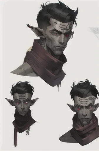 Concept ART, Human Male r , pointer Elf ears,face Tattoo , blue pupils ,Black hair , red Torn Scarf , Bandage , bones Snack ,Ancient dark magic , daddy vides